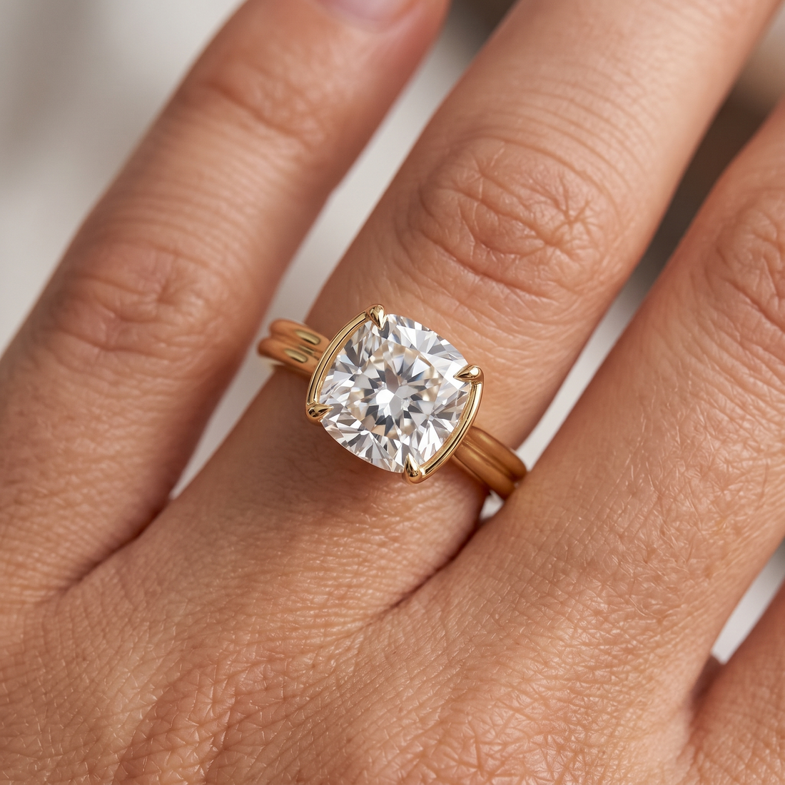 Cushion Cut Lab Diamond Engagement Ring, East West Double Shank Setting