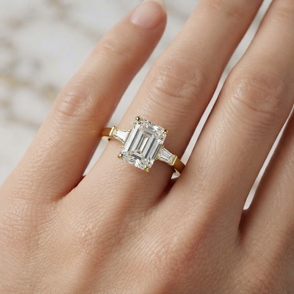 Emerald Cut Three Stone Engagement Ring, Tapered Baguette Lab Grown Diamond, Solid Gold Band