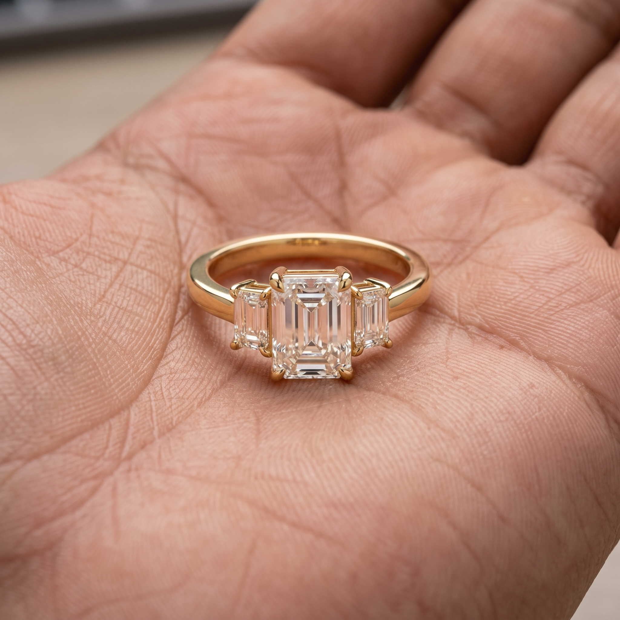 Emerald Cut Three Stone Engagement Ring, Lab Grown Diamond, Solid Gold (9K-18K)
