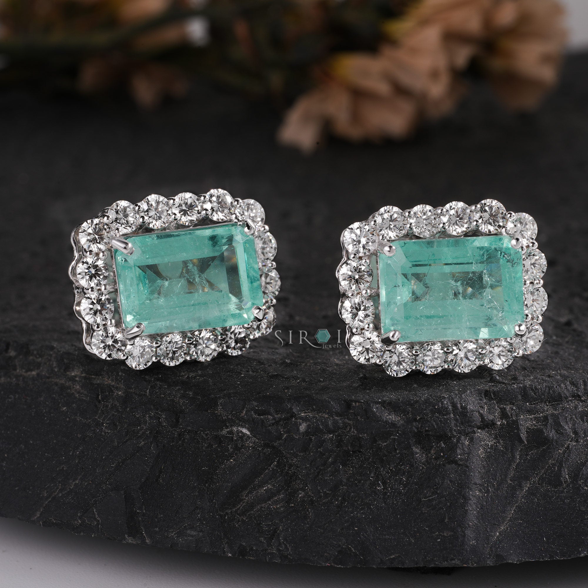 Vintage-Inspired Emerald and Diamond Halo Cluster Studs