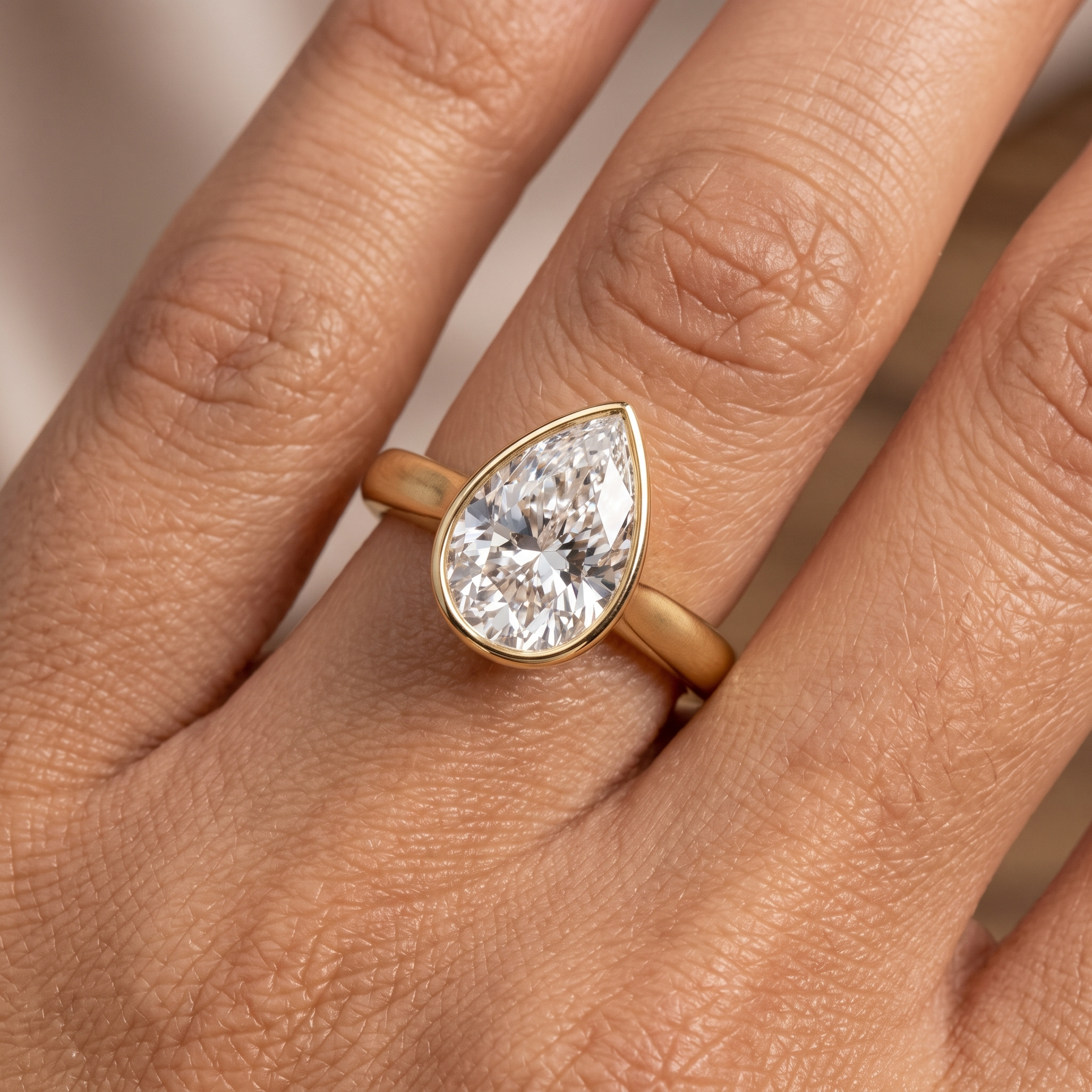 Pear Cut Diamond Bezel Ring, Yellow Gold Bridal Set, Teardrop Stacking Rings