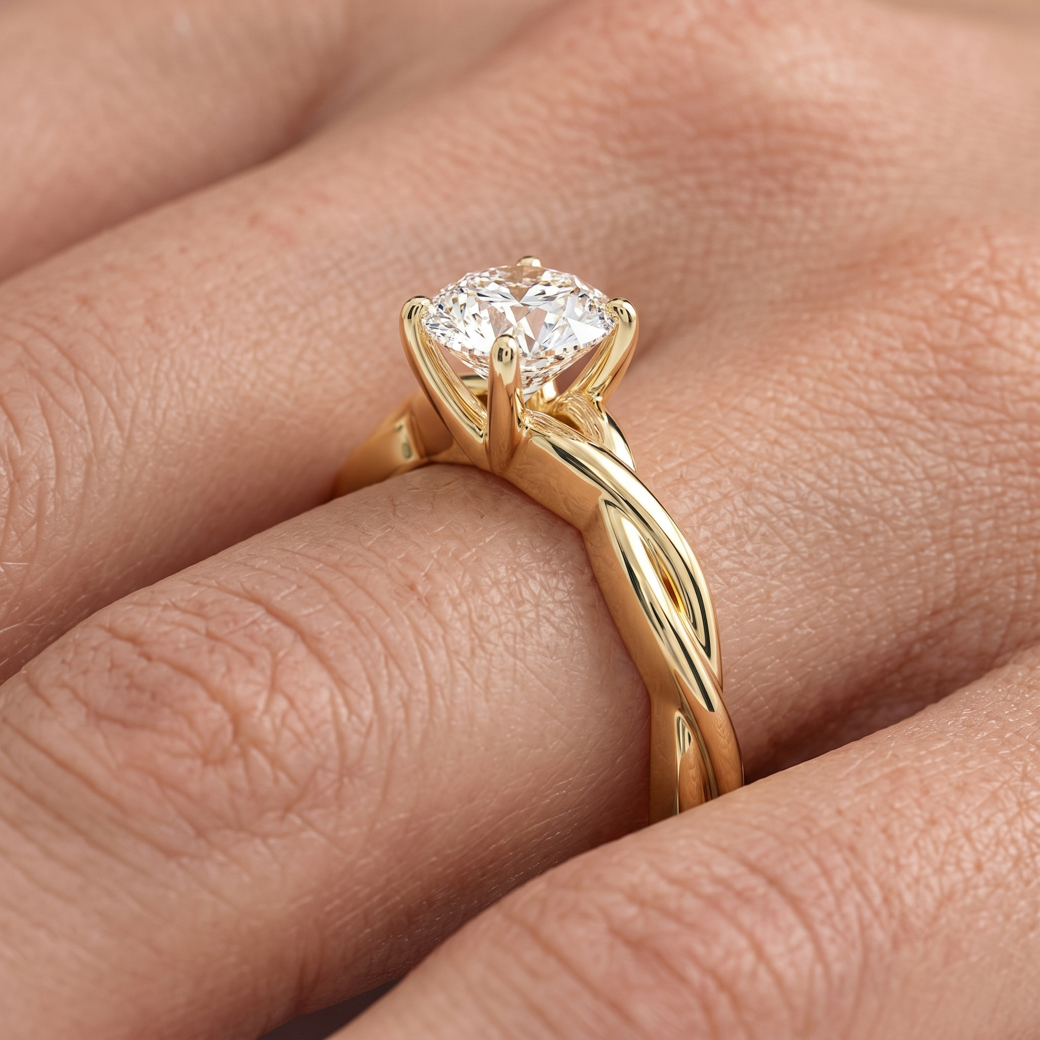 Twisted Vine Round Diamond Solitaire Ring, 4-Prong Gold Engagement Band