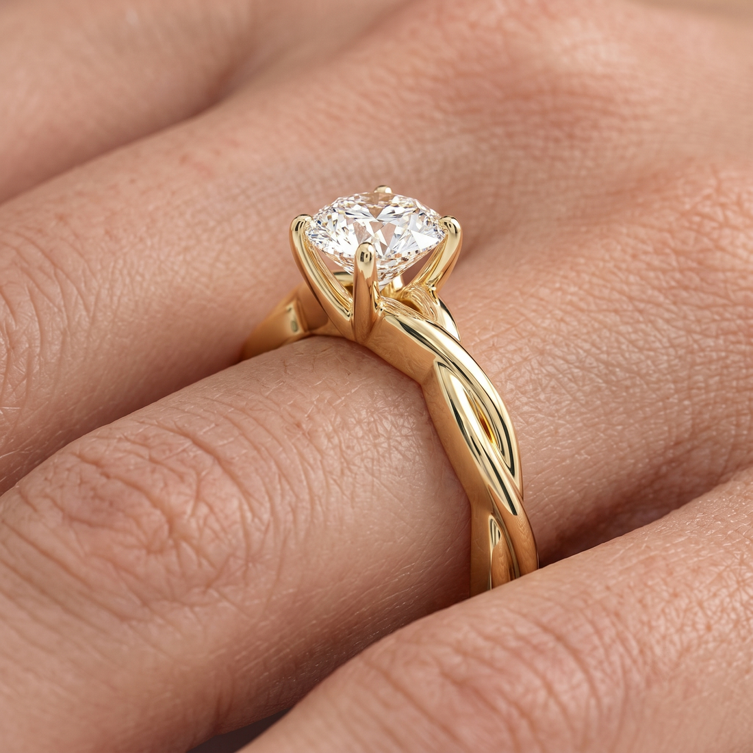 Twisted Vine Round Diamond Solitaire Ring, 4-Prong Gold Engagement Band