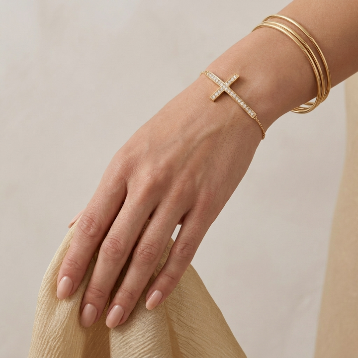 Curved Diamond Cross Chain Bracelet In 9K To 18K Gold Or Sterling Silver