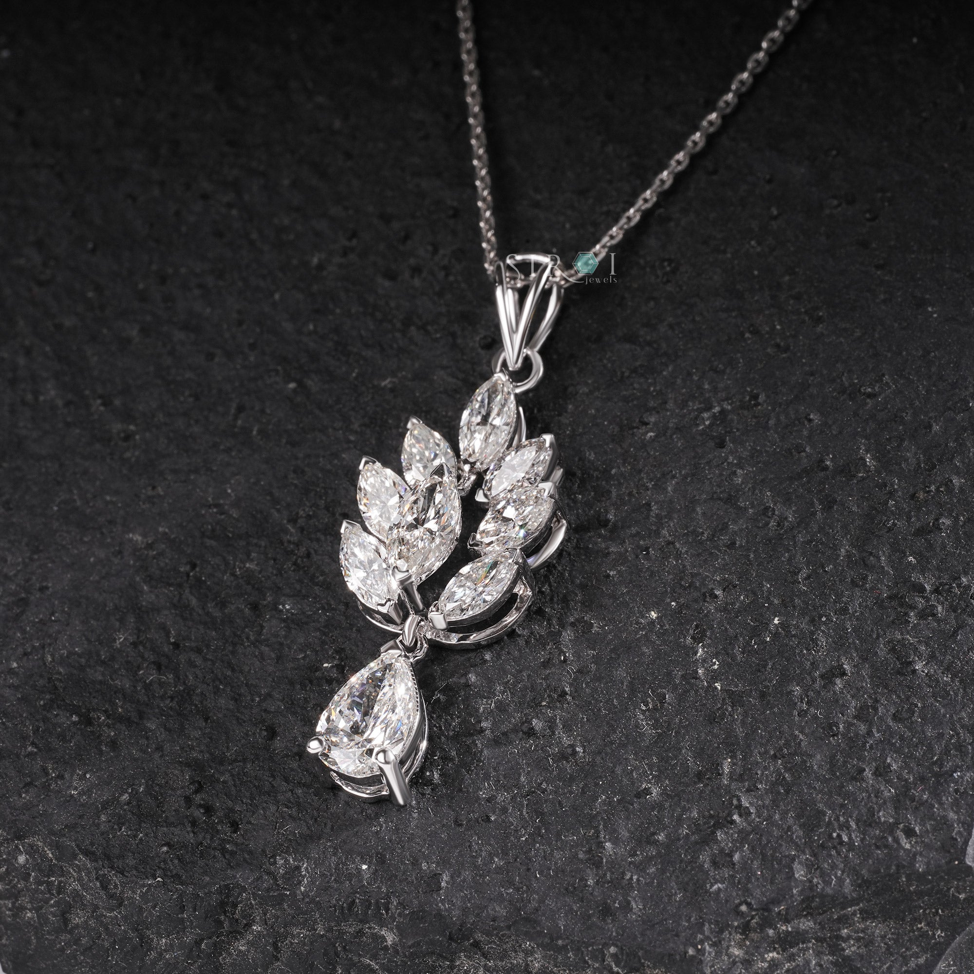 White Gold Cluster Marquise & Pear Fancy Diamond Pendant