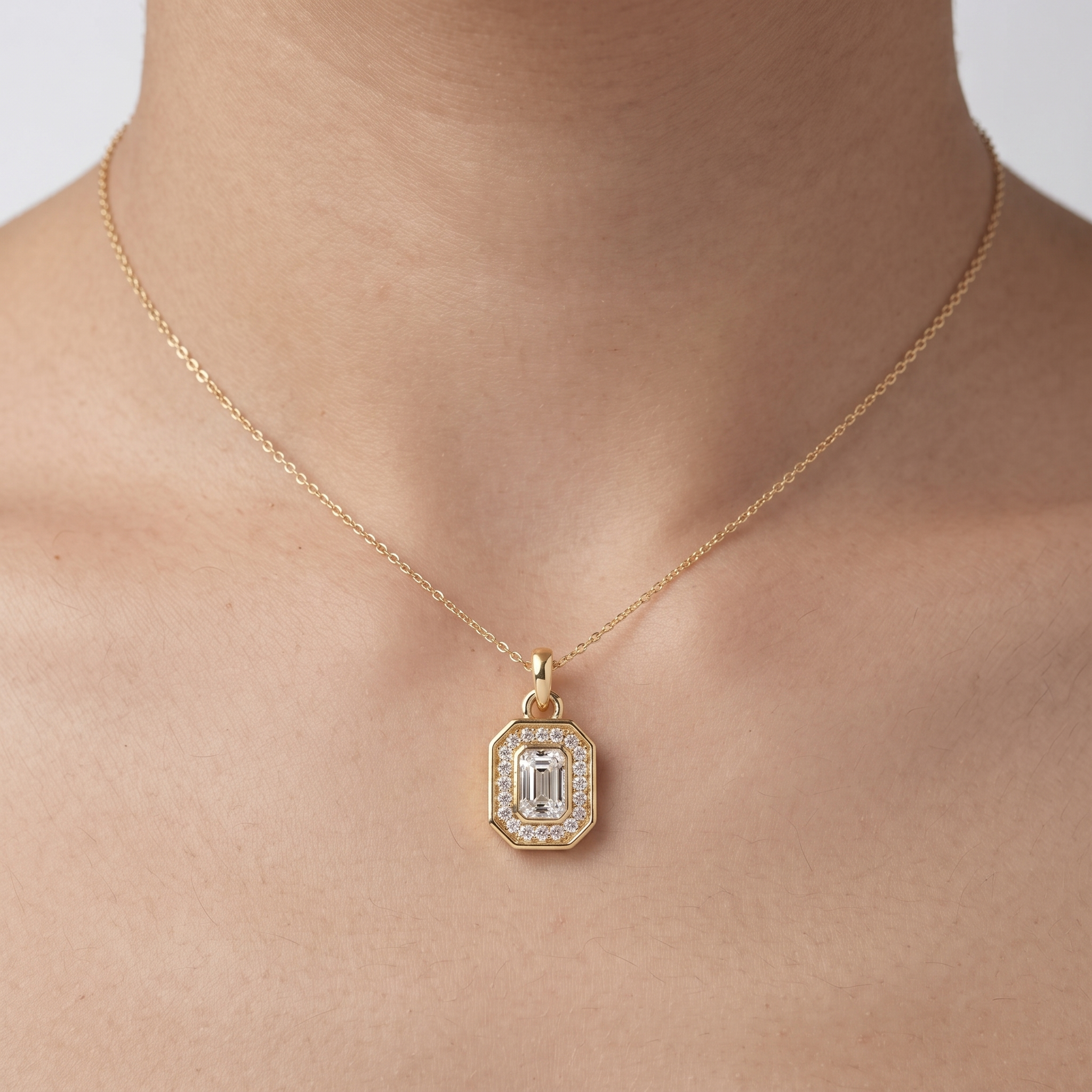 Emerald Cut Diamond Halo Pendant, Octagon Frame, Dainty Gold Chain, Minimalist Bridal Jewelry