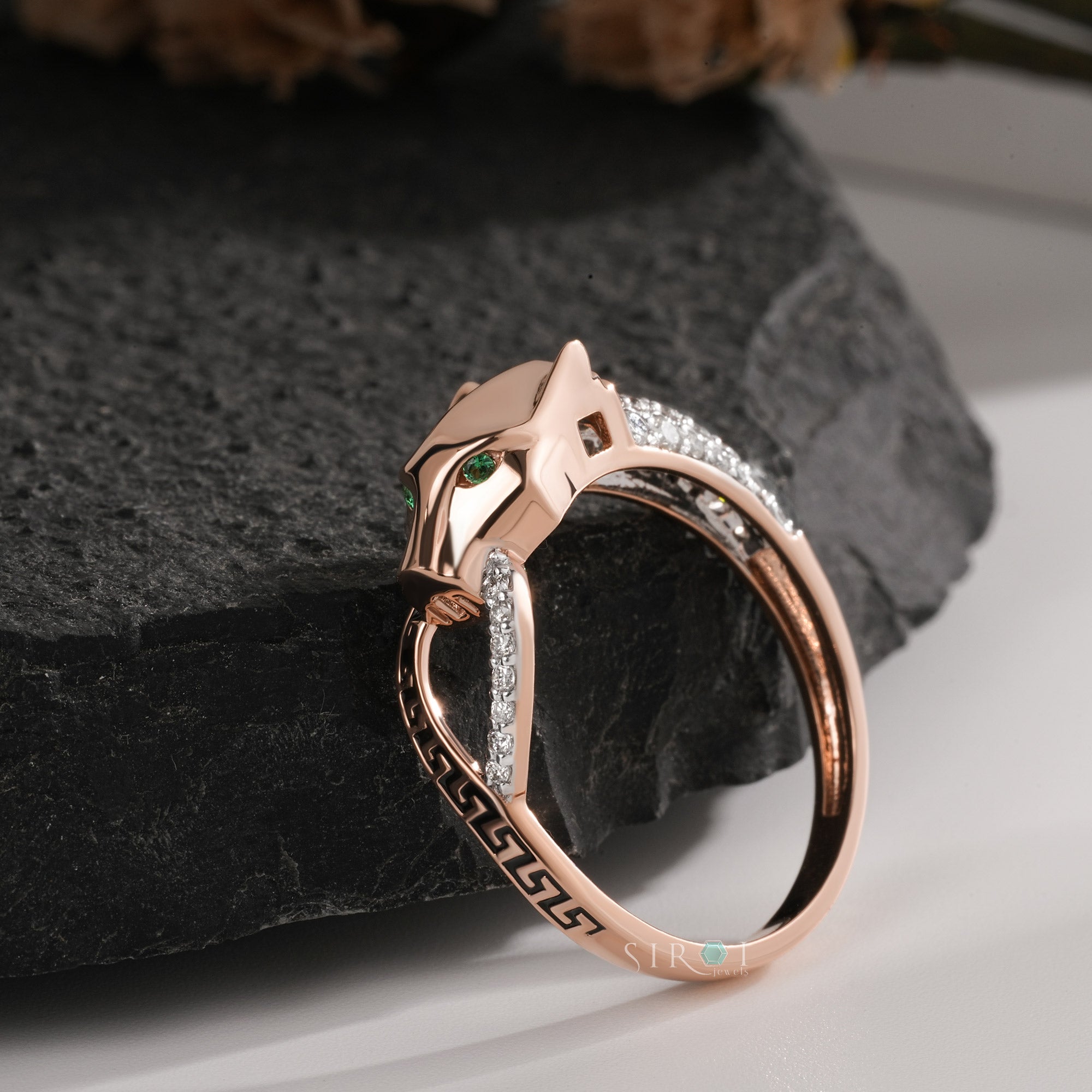 Sculptural Rose Gold Panther Ring with Pave Diamonds