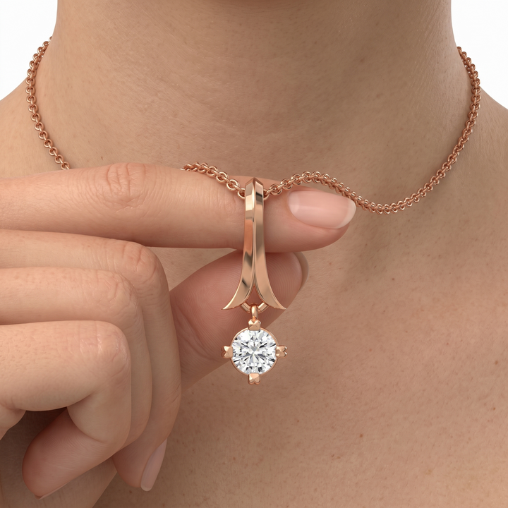 14K Solid Gold Round Diamond Drop Pendant, Minimalist Ribbon Bail Necklace