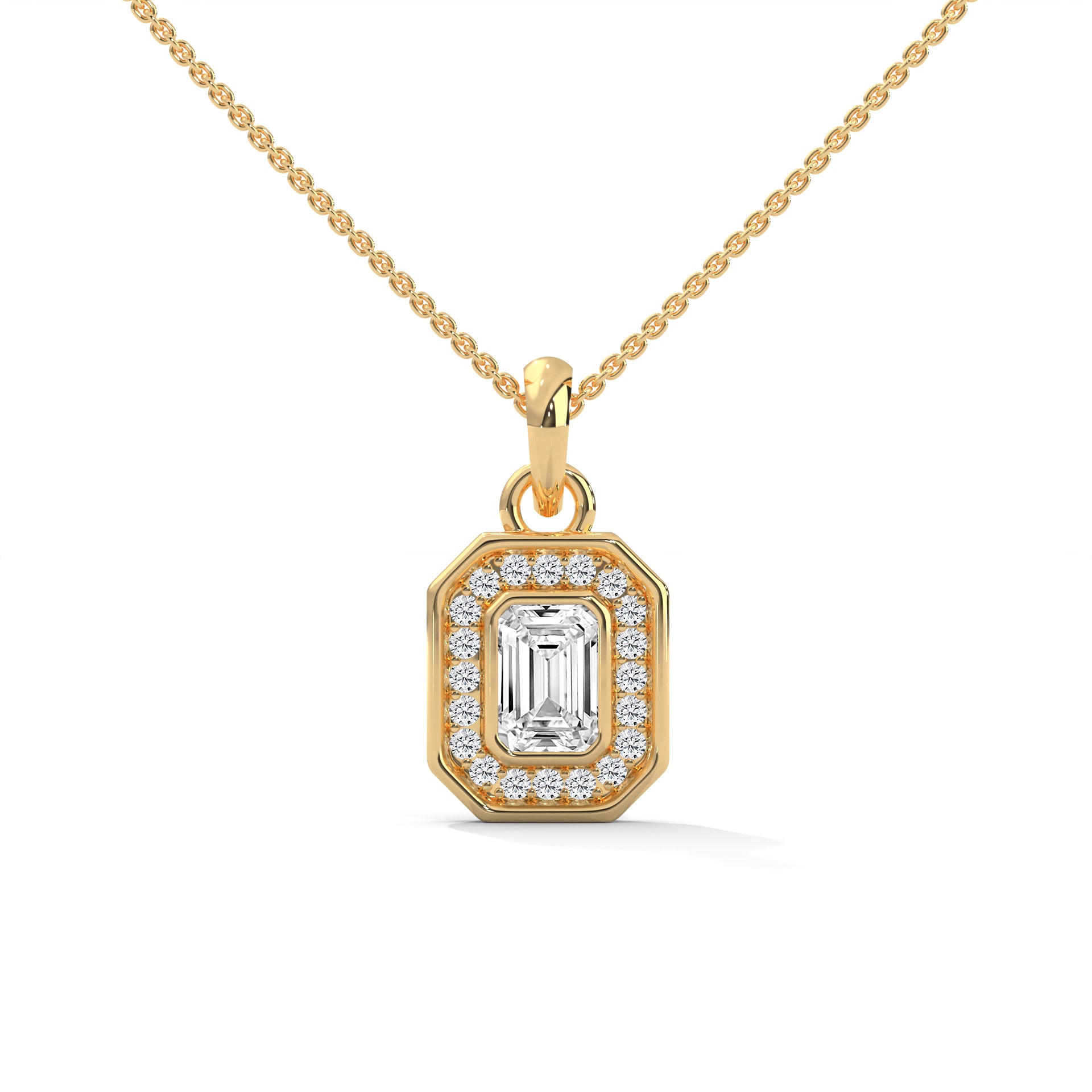 Emerald Cut Diamond Halo Pendant, Octagon Frame, Dainty Gold Chain, Minimalist Bridal Jewelry