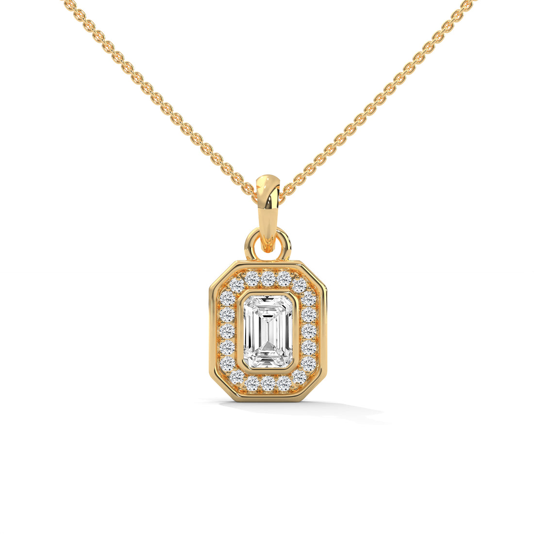 Emerald Cut Diamond Halo Pendant, Octagon Frame, Dainty Gold Chain, Minimalist Bridal Jewelry