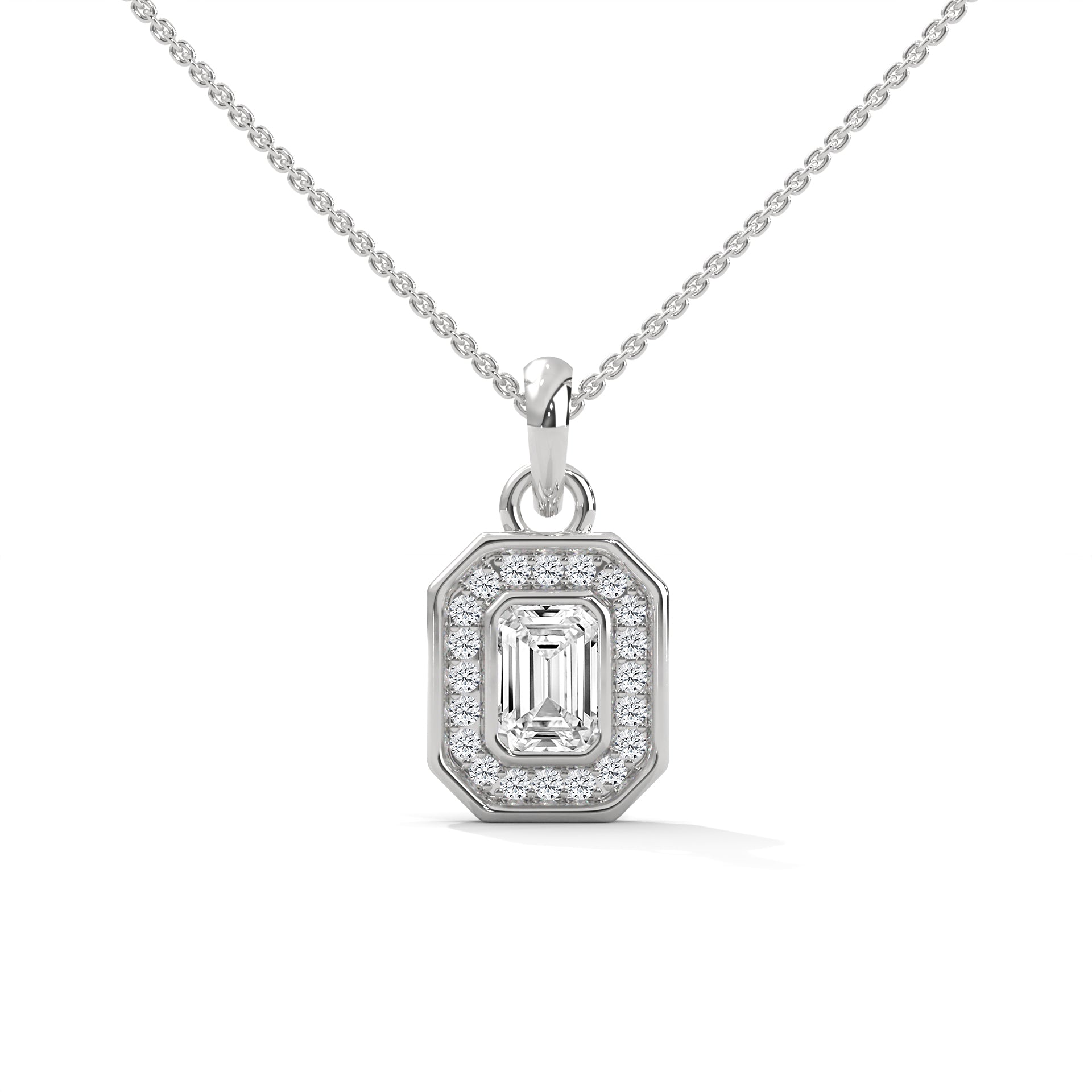 Emerald Cut Diamond Halo Pendant, Octagon Frame, Dainty Gold Chain, Minimalist Bridal Jewelry