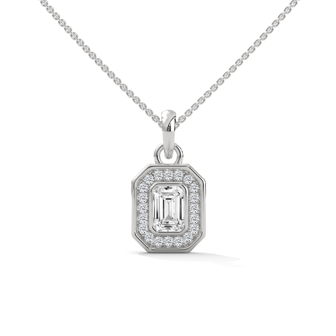 Emerald Cut Diamond Halo Pendant, Octagon Frame, Dainty Gold Chain, Minimalist Bridal Jewelry