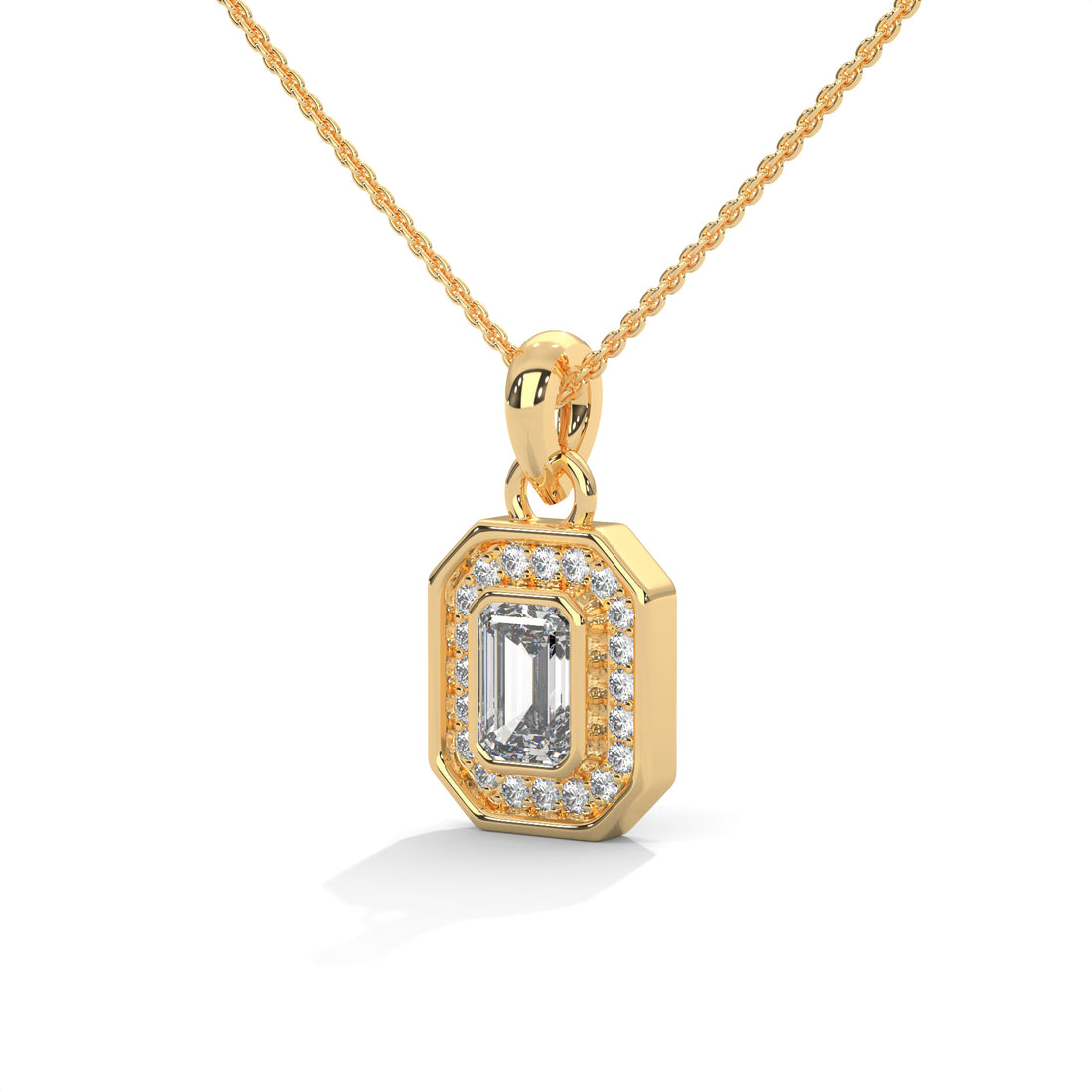 Emerald Cut Diamond Halo Pendant, Octagon Frame, Dainty Gold Chain, Minimalist Bridal Jewelry