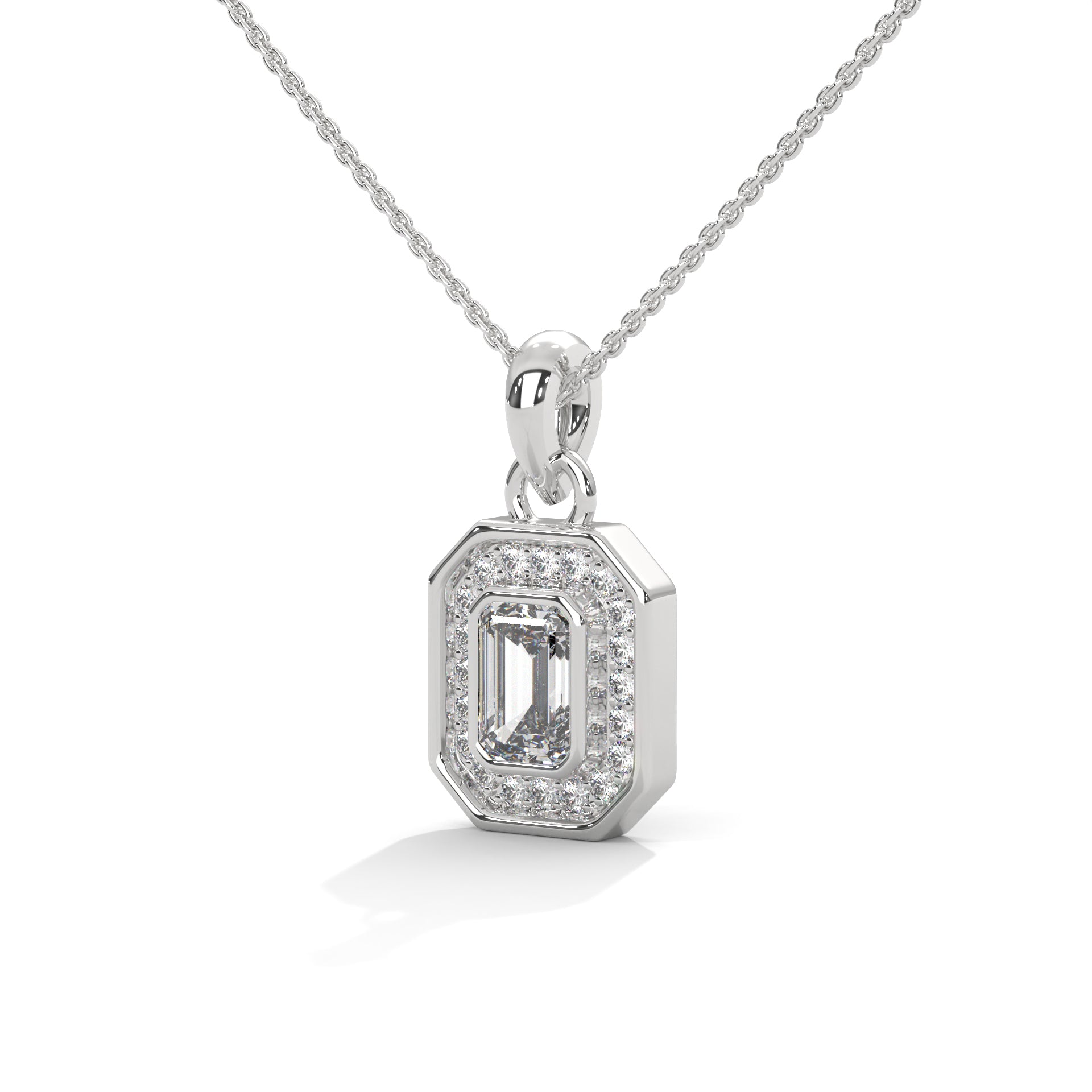 Emerald Cut Diamond Halo Pendant, Octagon Frame, Dainty Gold Chain, Minimalist Bridal Jewelry