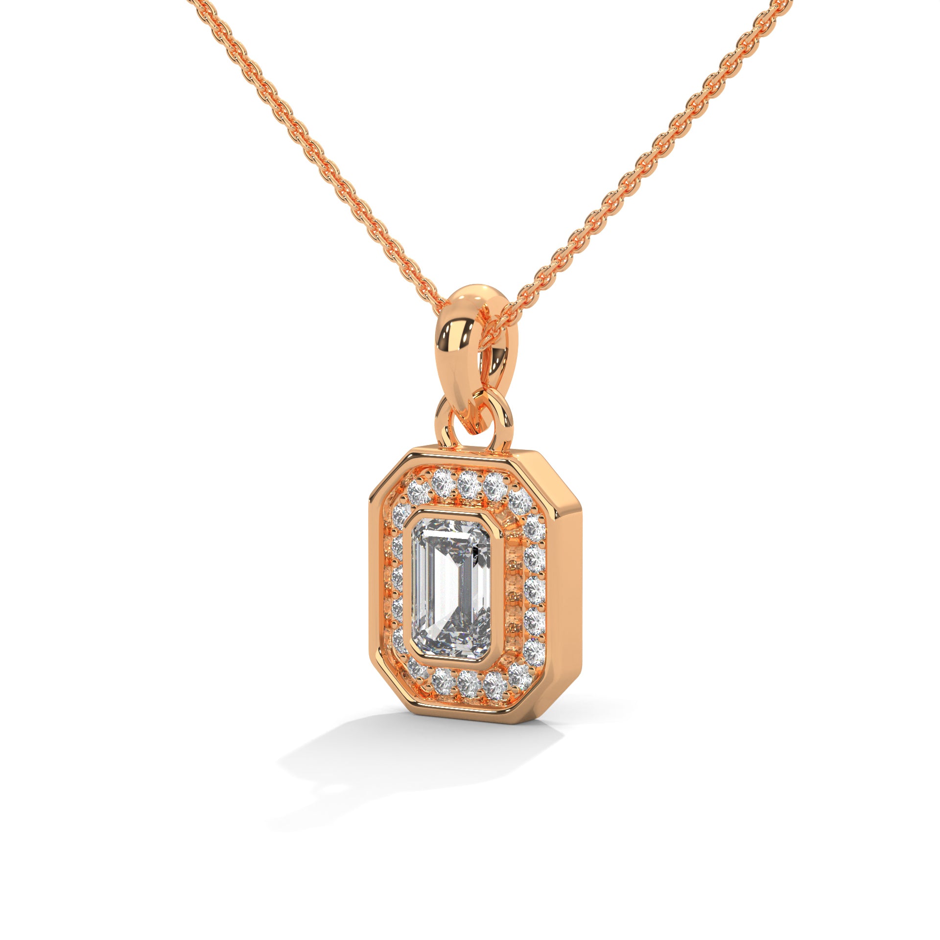 Emerald Cut Diamond Halo Pendant, Octagon Frame, Dainty Gold Chain, Minimalist Bridal Jewelry