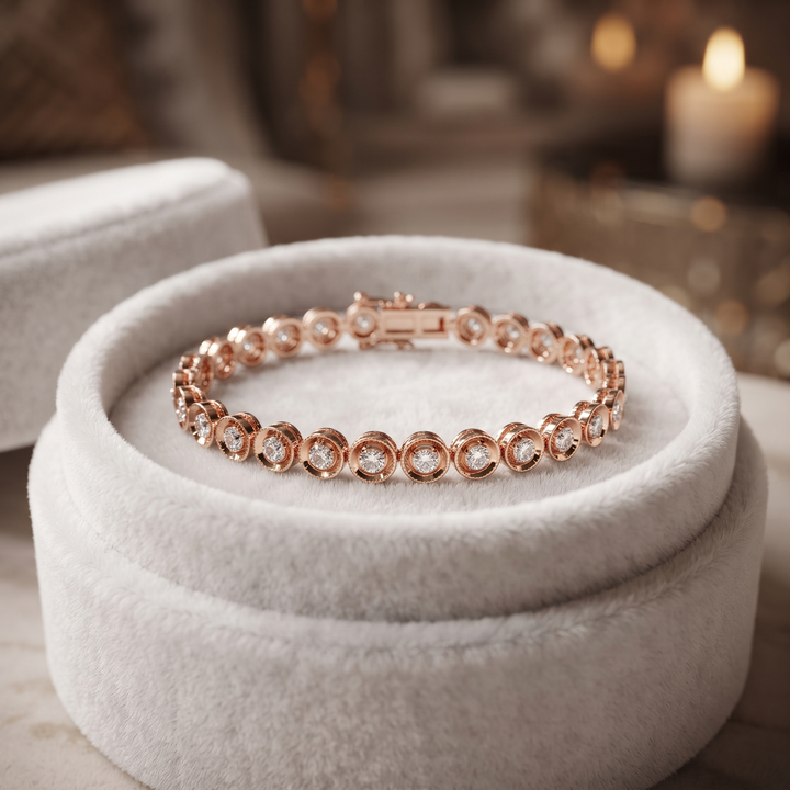Diamond Bezel Tennis Bracelet, Moissanite Lab Grown, Round Cut, 925 Silver, Solid Gold