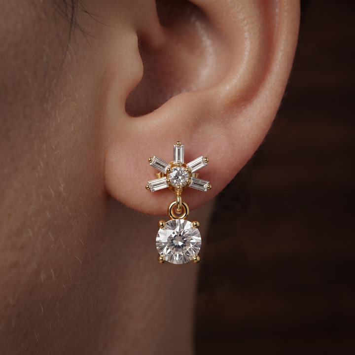 Baguette And Round Diamond Drop Earrings In Gold And Sterling Silver – Floral Starburst Design