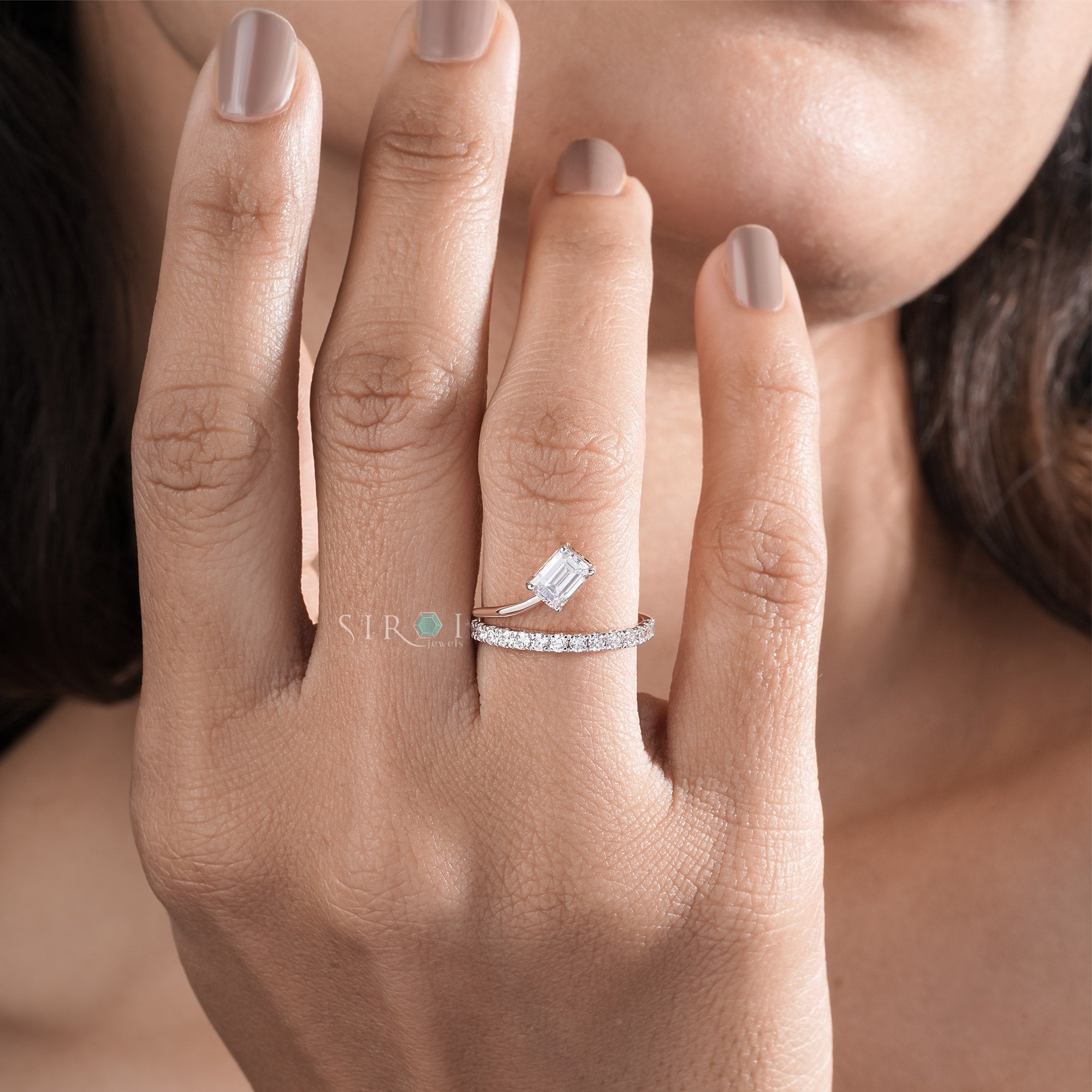 The Emerald-Cut Solitaire with Pave Diamond Band in Rose Gold