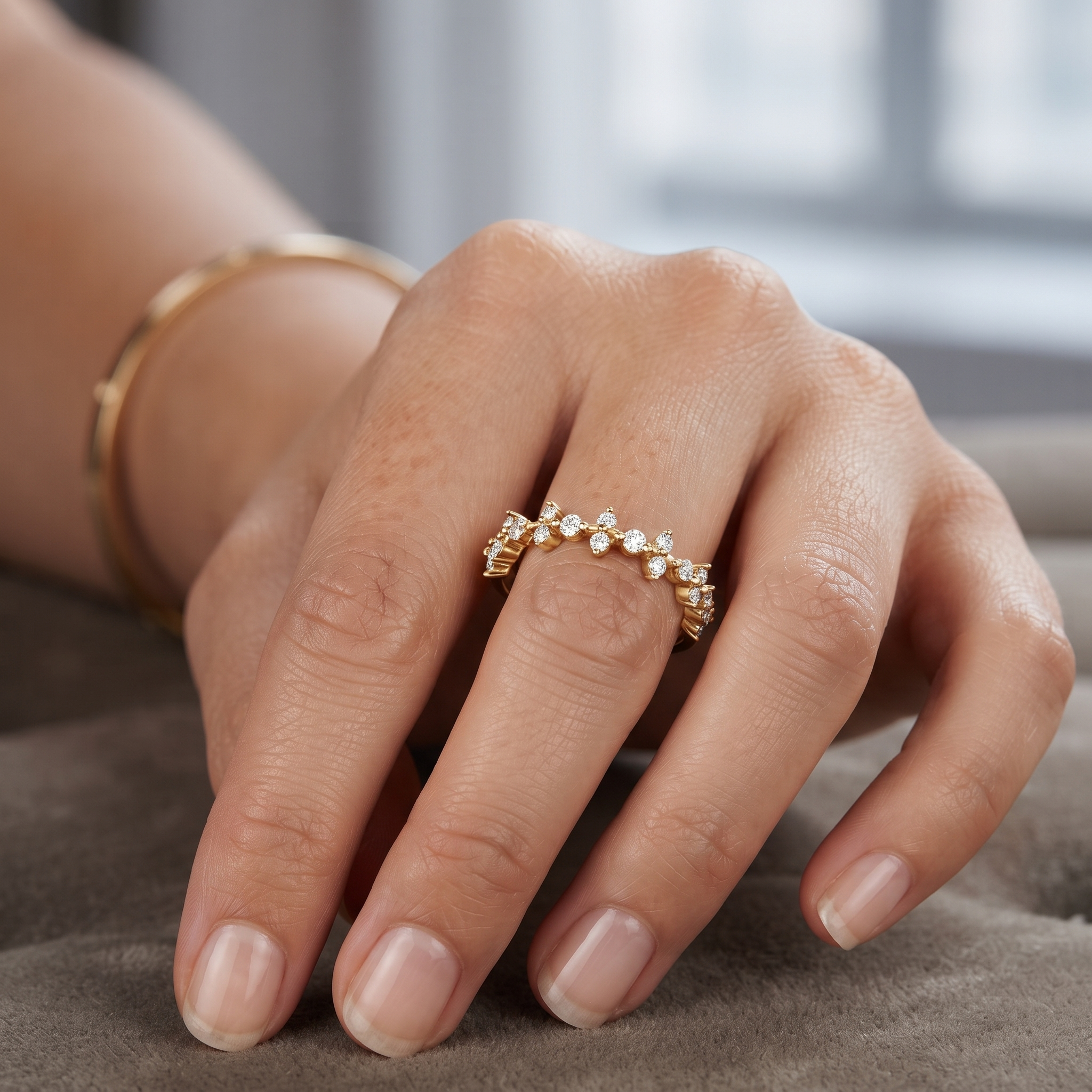 Solid Gold Cluster Diamond Band Ring, Minimalist Wedding Stack, Round Cut Lab Grown