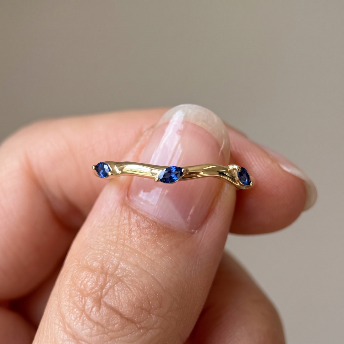 Emerald Cut Diamond Engagement Ring Set, Blue Sapphire Branch Design, Solid Gold Wedding Band