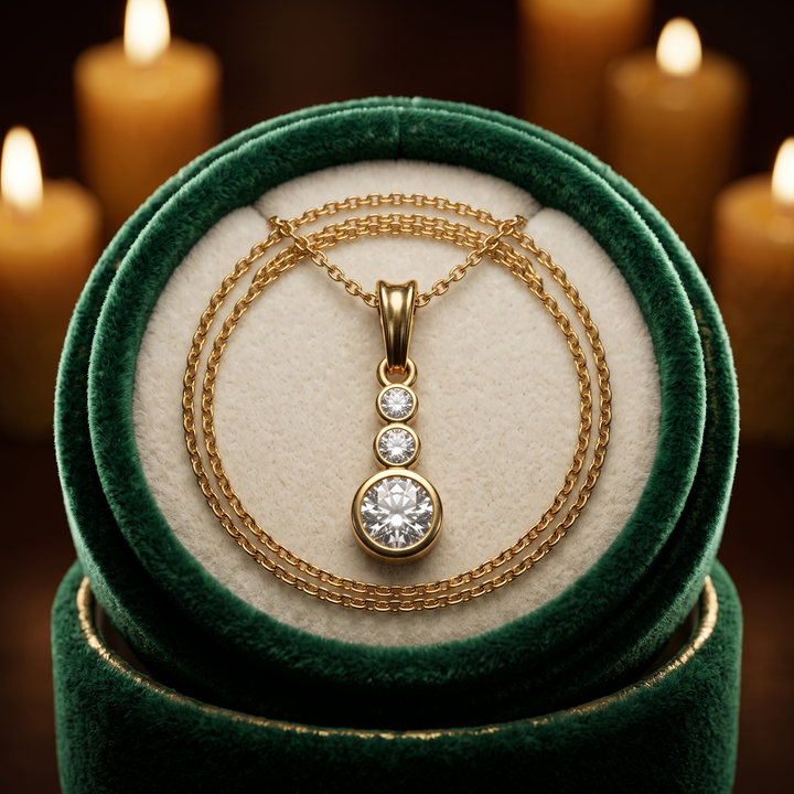 Three-Stone Bezel Diamond Drop Pendant Necklace, Dainty Gold Station, Minimalist Round Pendant