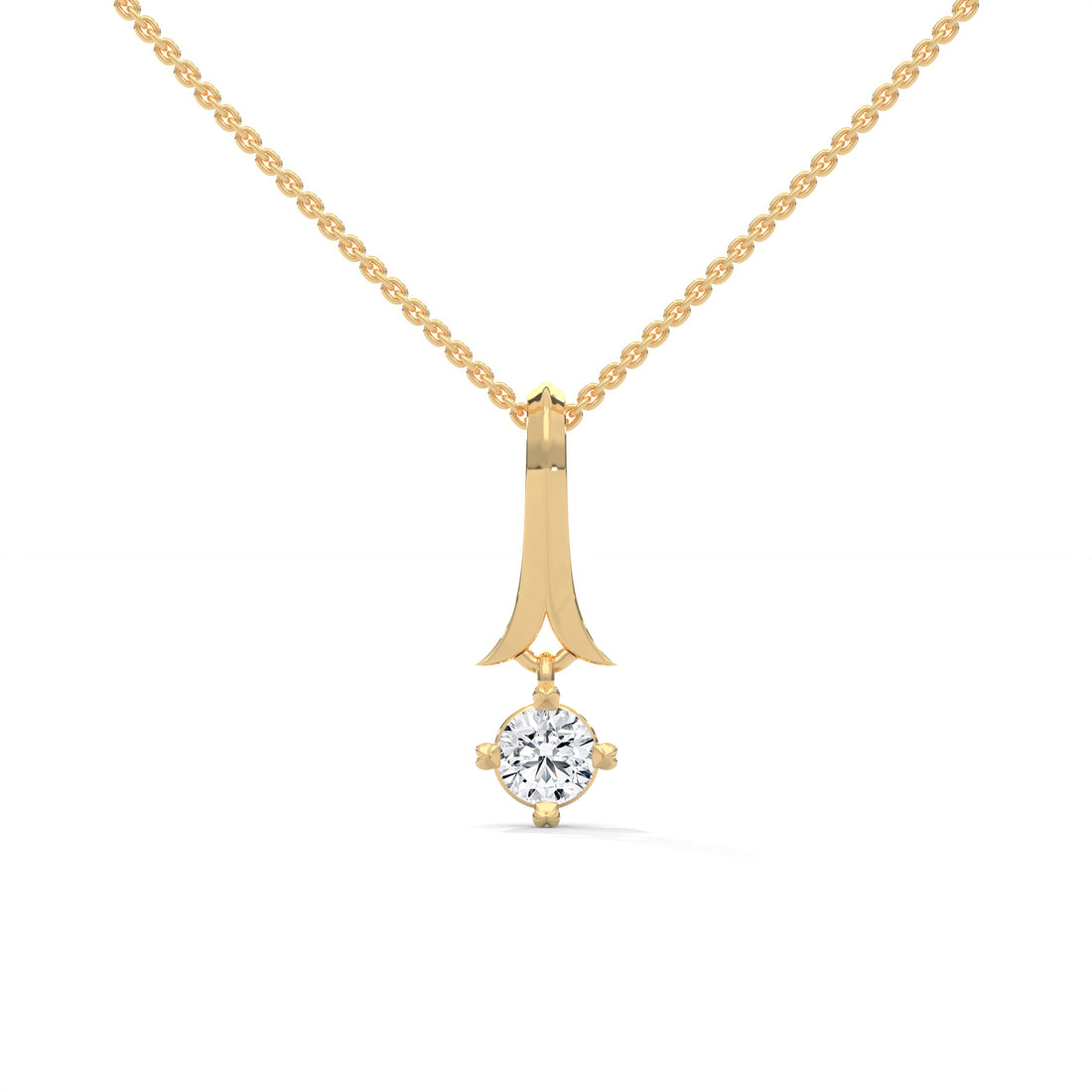 14K Solid Gold Round Diamond Drop Pendant, Minimalist Ribbon Bail Necklace