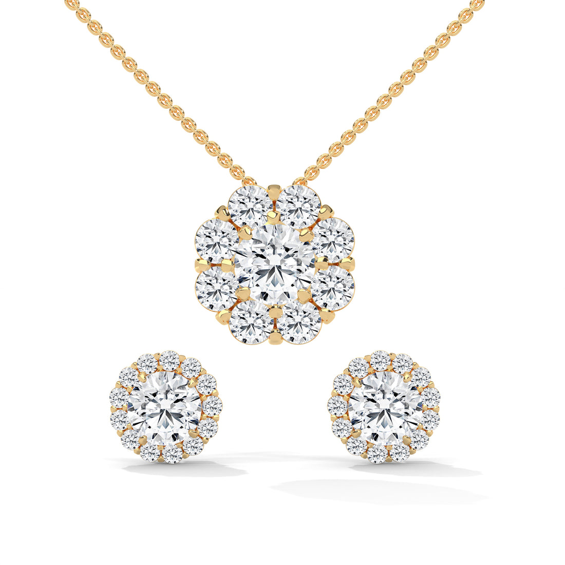 Floral Diamond Halo Pendant Earrings Set, Bridal Jewelry Gift, Cluster Necklace Set