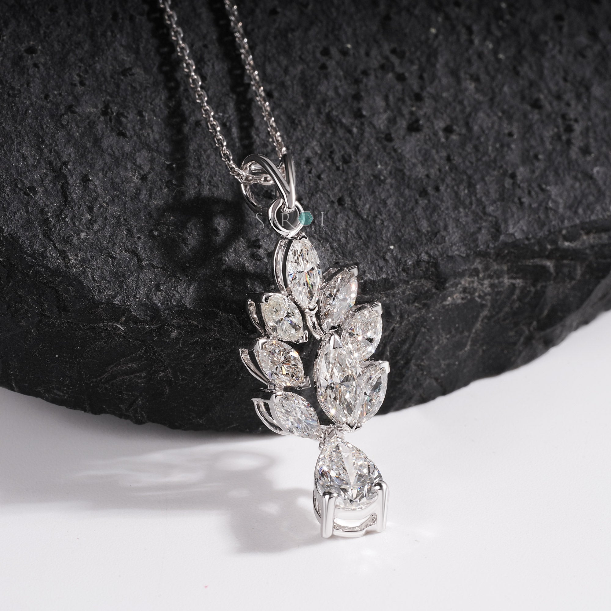 White Gold Cluster Marquise & Pear Fancy Diamond Pendant