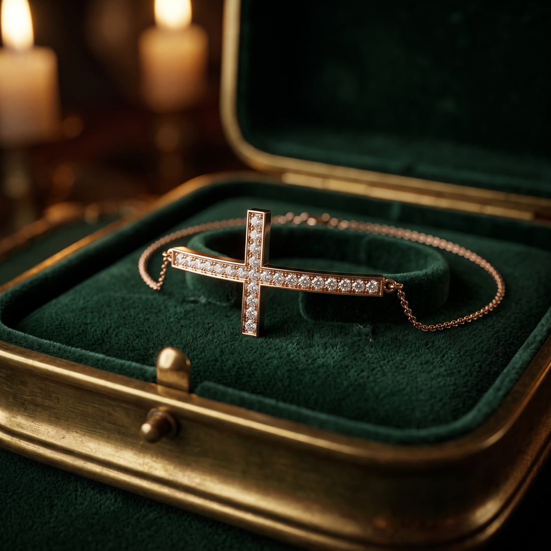 Curved Diamond Cross Chain Bracelet In 9K To 18K Gold Or Sterling Silver