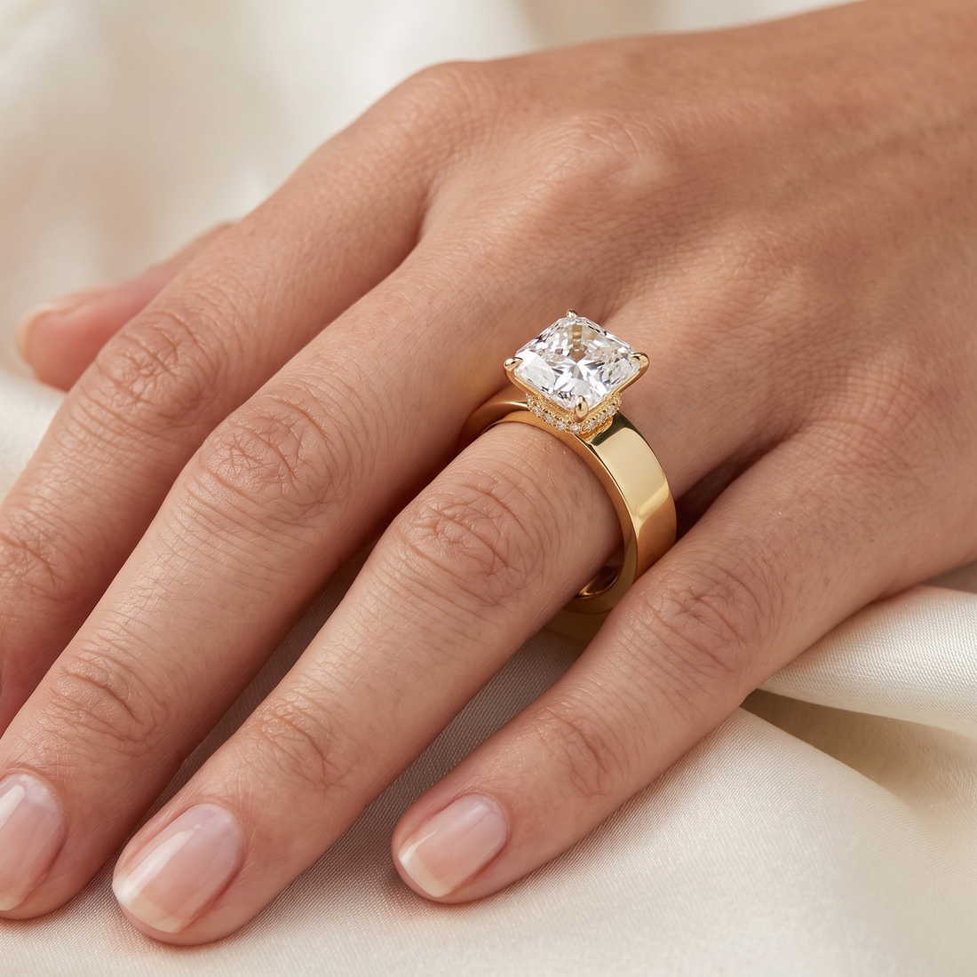 Wide Band Princess Cut Engagement Ring | Hidden Halo, Solid Gold Statement Piece
