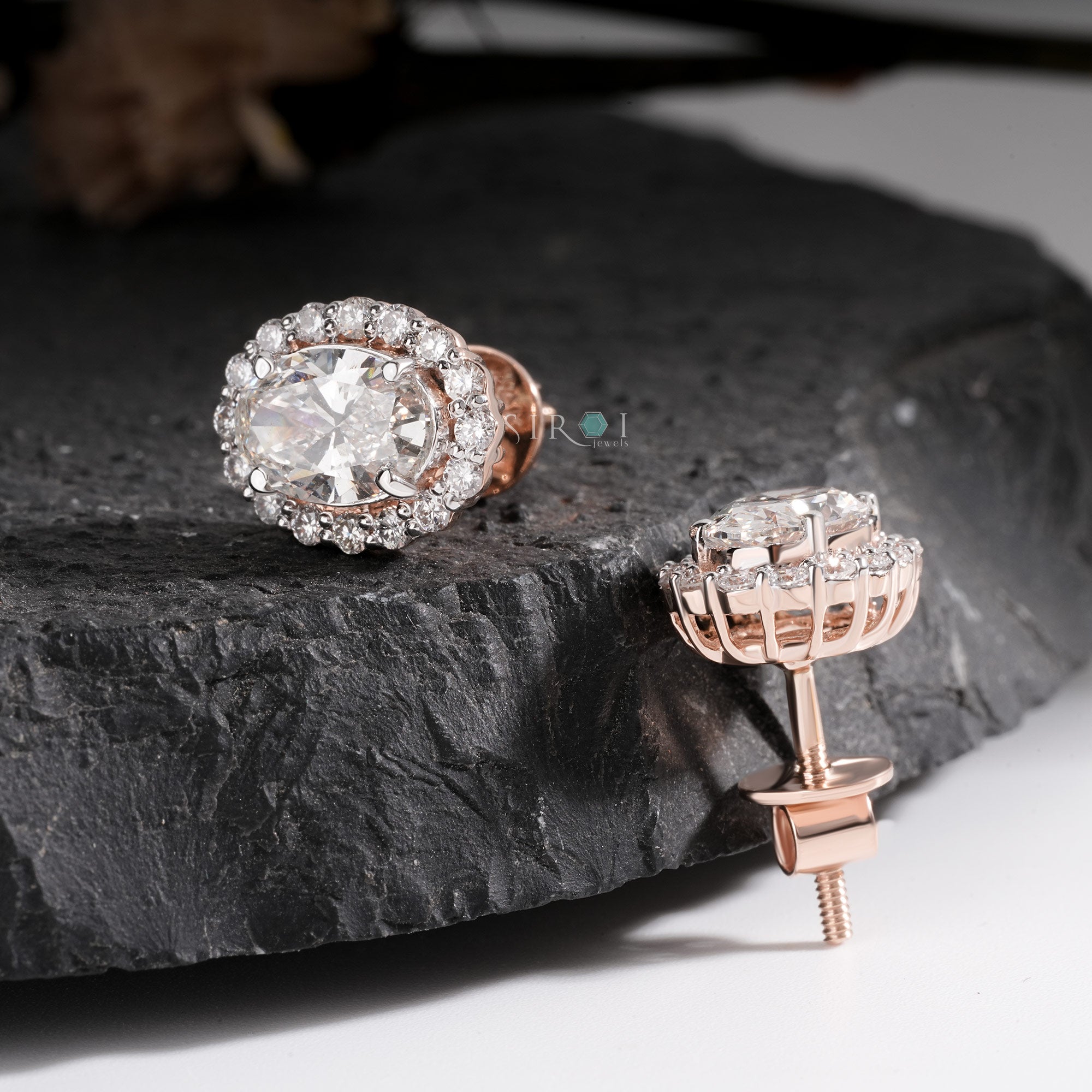 Elegant Oval Diamond Halo Stud Earrings in Two-Tone Gold