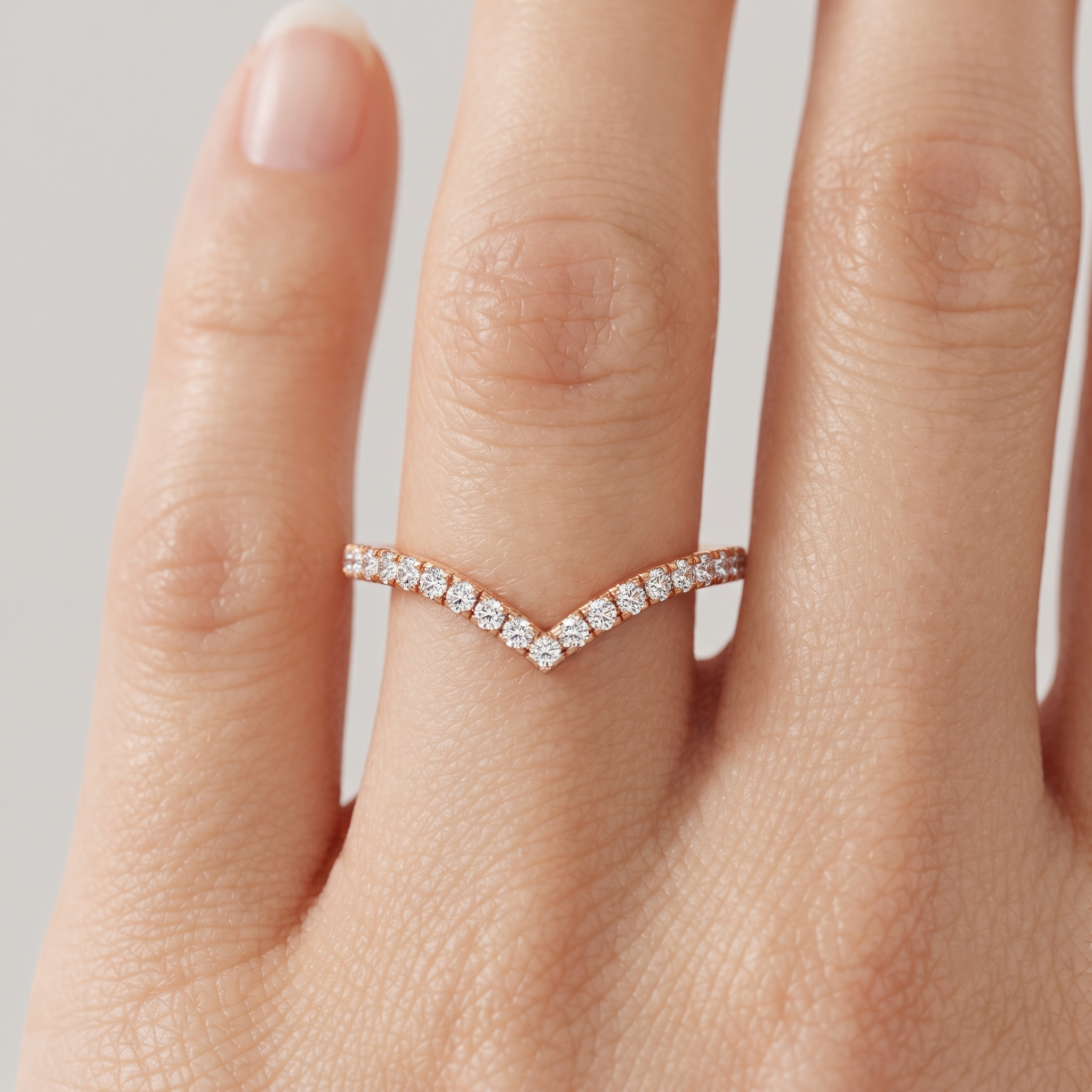Diamond V Shape Ring, Curved Wedding Band, Pave Set Diamonds, Stacking Chevron Ring