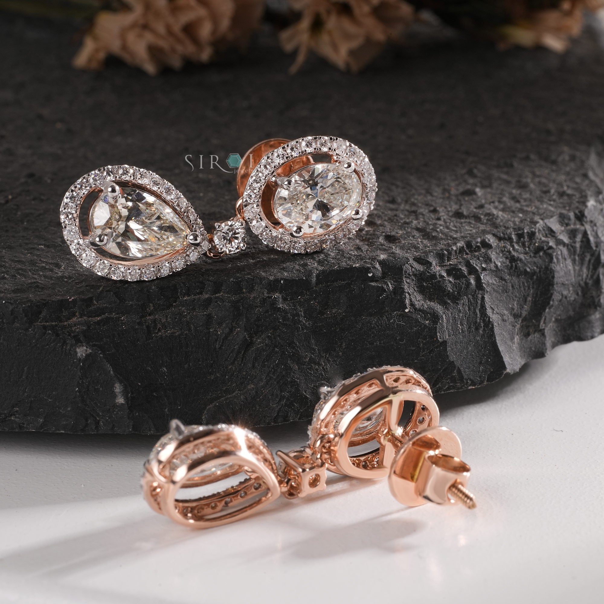 The Aurora Oval & Pear Diamond Halo Drops Earrings