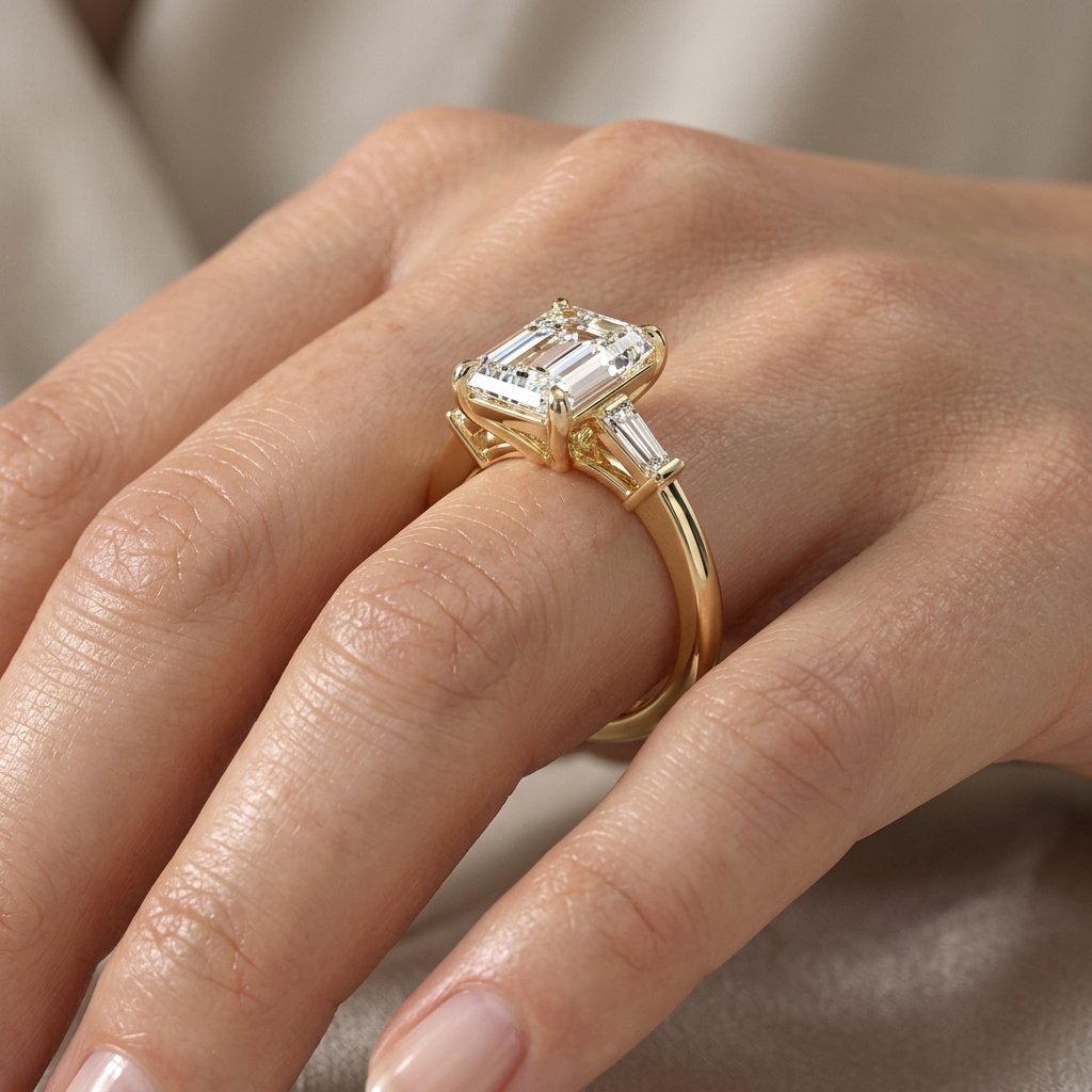 Emerald Cut Three Stone Engagement Ring, Tapered Baguette Lab Grown Diamond, Solid Gold Band