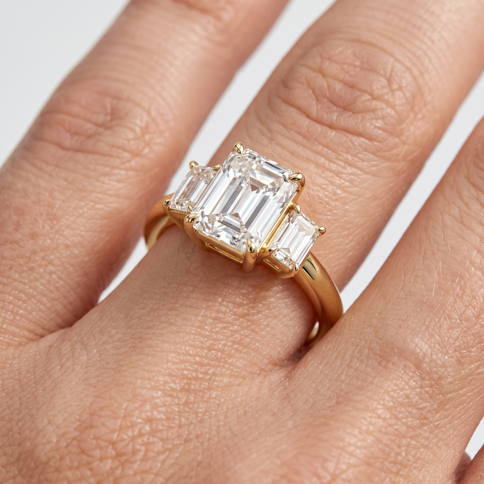 Emerald Cut Three Stone Engagement Ring, Lab Grown Diamond, Solid Gold (9K-18K)