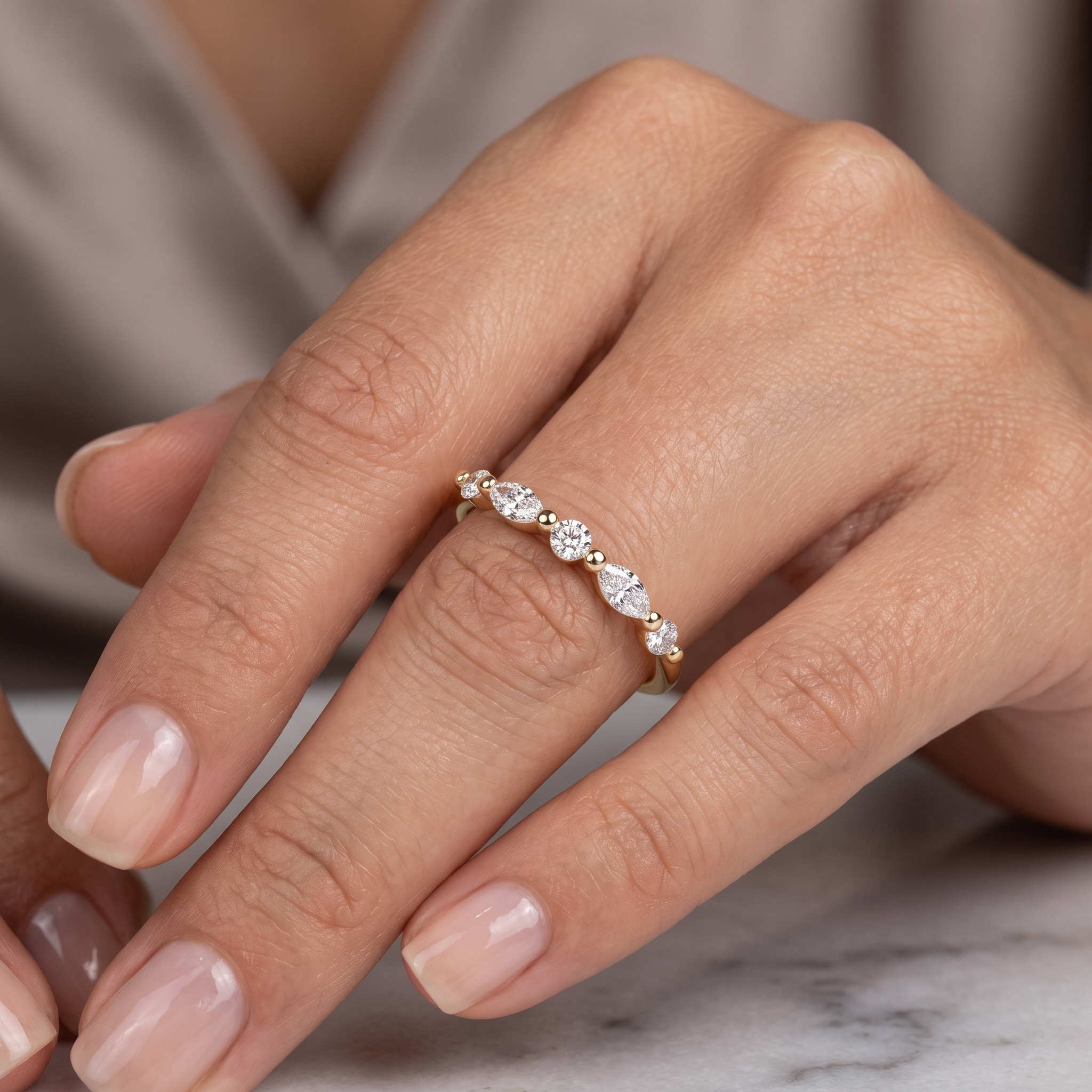 Oval Cut Solitaire Engagement Ring Set | Marquise Beaded Wedding Band (Yellow Gold)