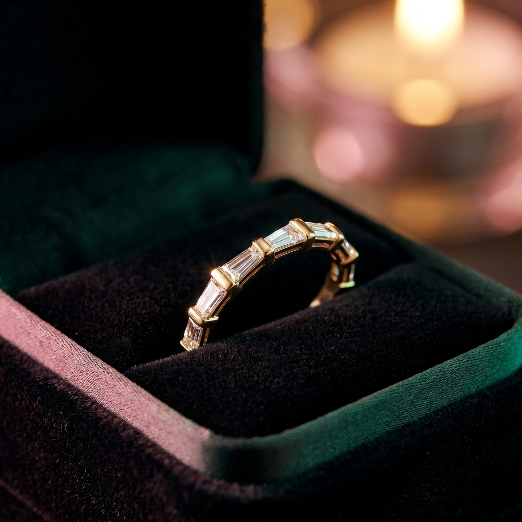 Baguette Cut Diamond Wedding Band, Art Deco Stacking Ring, Solid Gold Anniversary Band