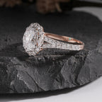 Oval Diamond Halo and Two-Stone Engagement Ring in Rose Gold