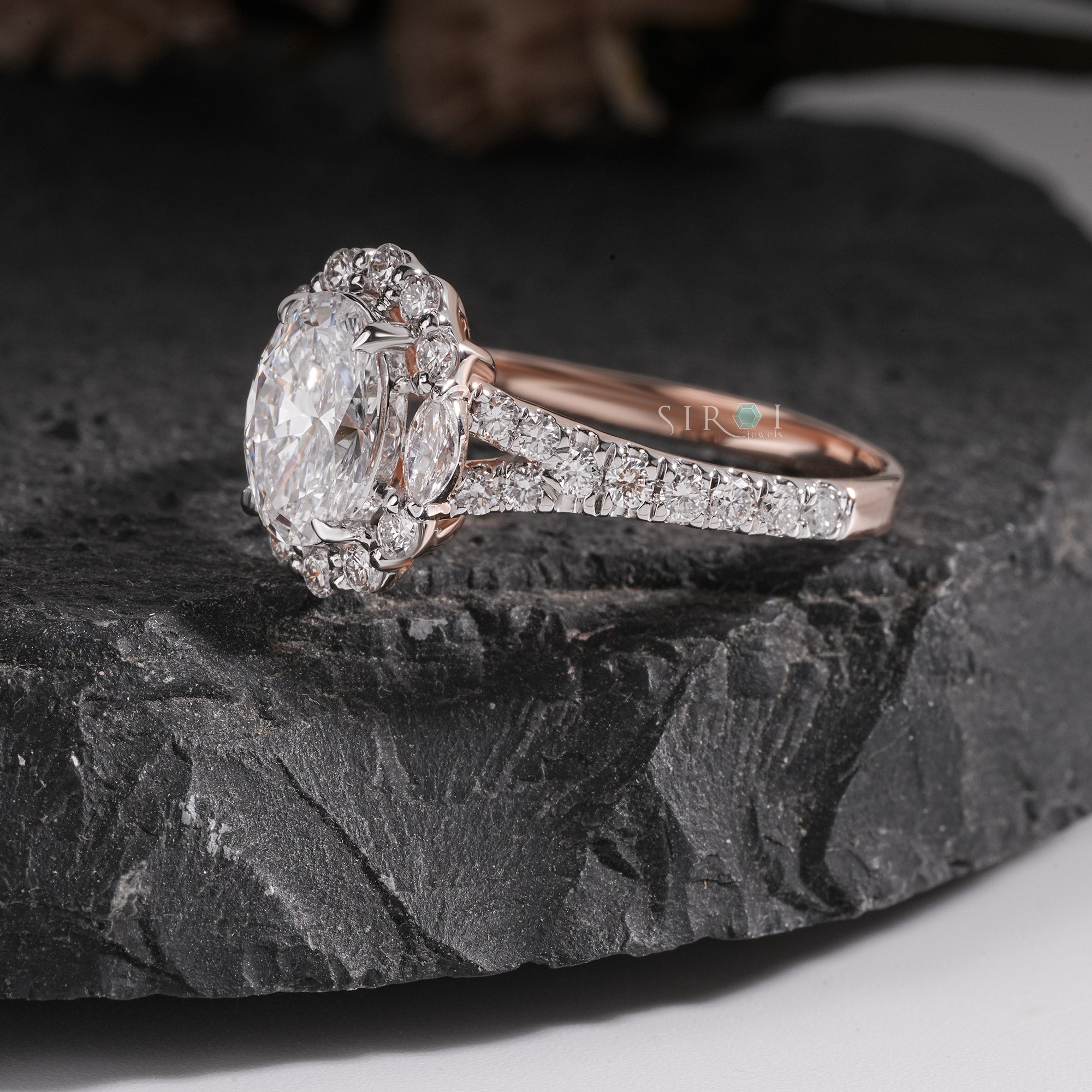 Oval Diamond Halo and Two-Stone Engagement Ring in Rose Gold