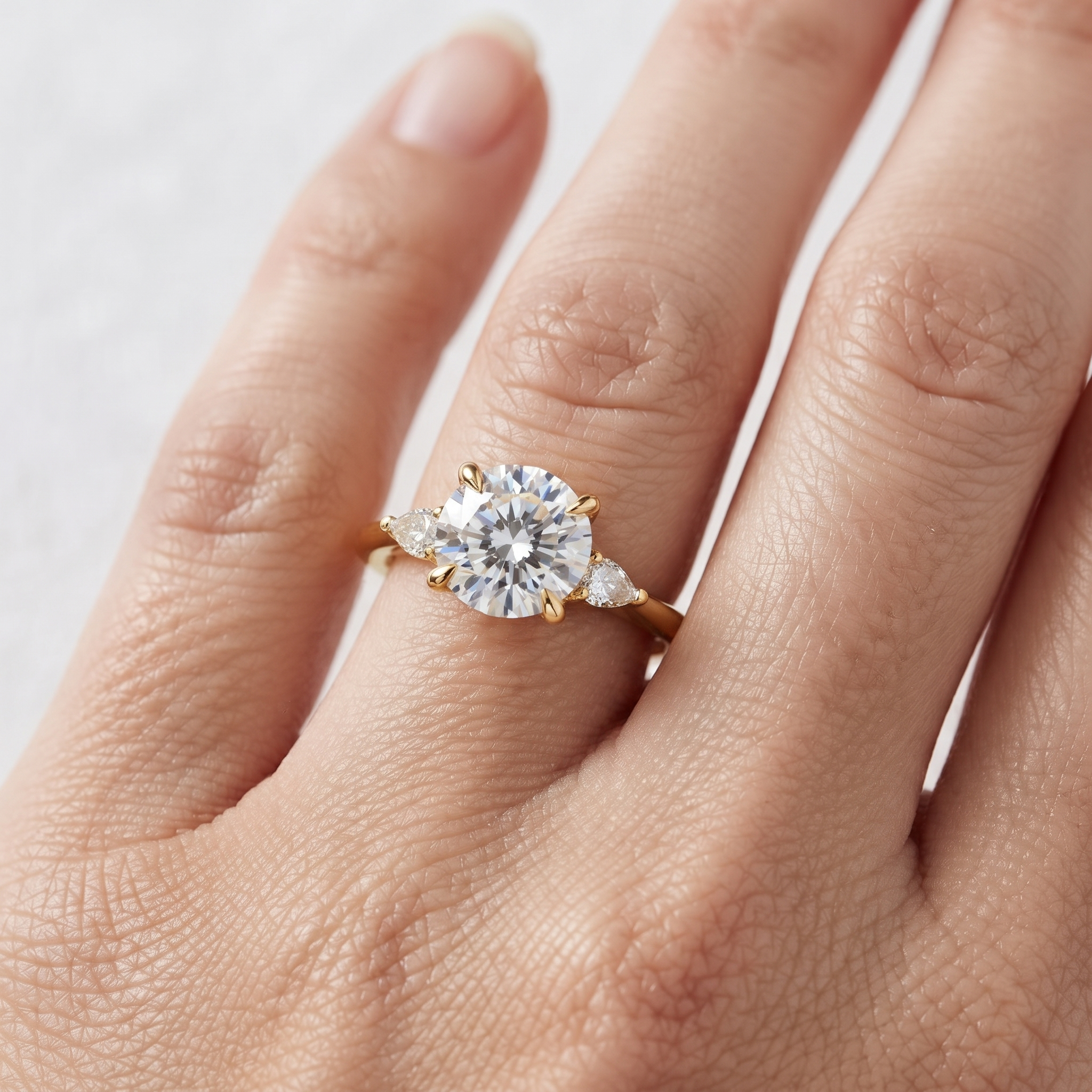 Round Engagement Ring Set, Pear Side Stones, Yellow Gold Curved Wedding Band