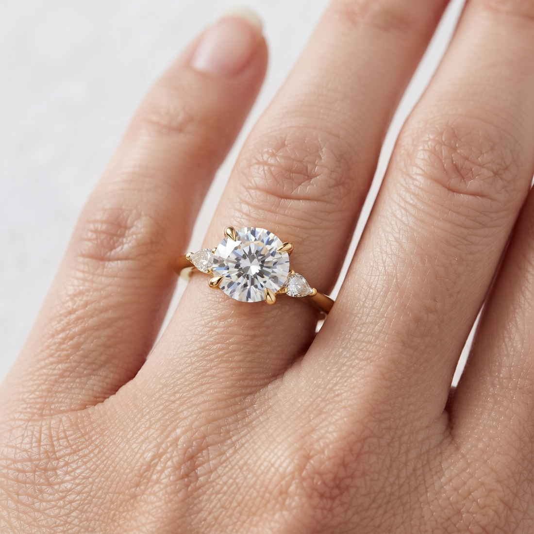 Round Engagement Ring Set, Pear Side Stones, Yellow Gold Curved Wedding Band
