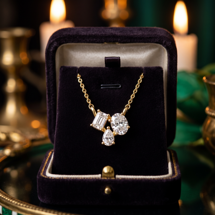 Three Stone Diamond Necklace, Emerald Oval Pear Cut Pendant, Gold Vermeil Chain