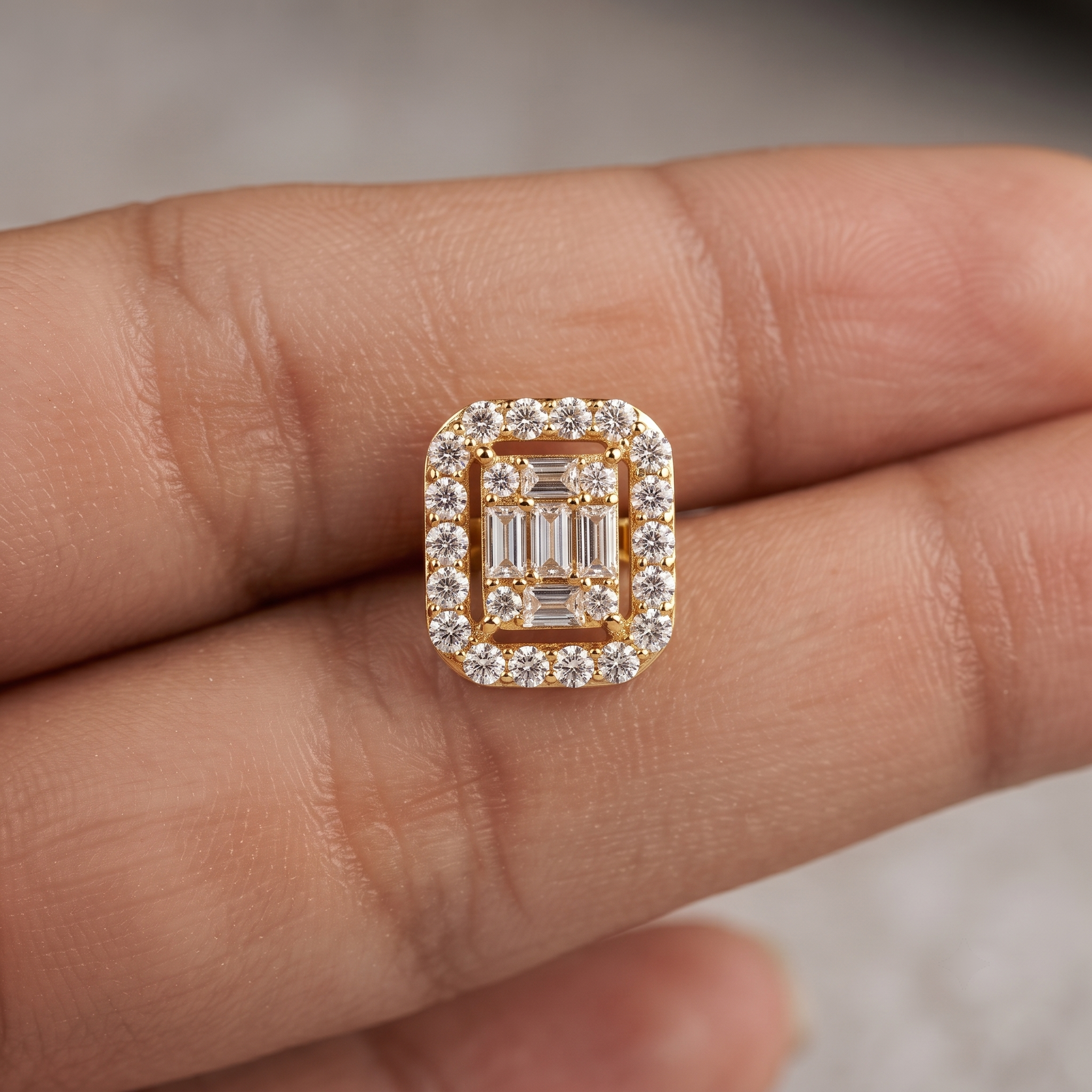 Baguette and Round Diamond Halo Stud Earrings