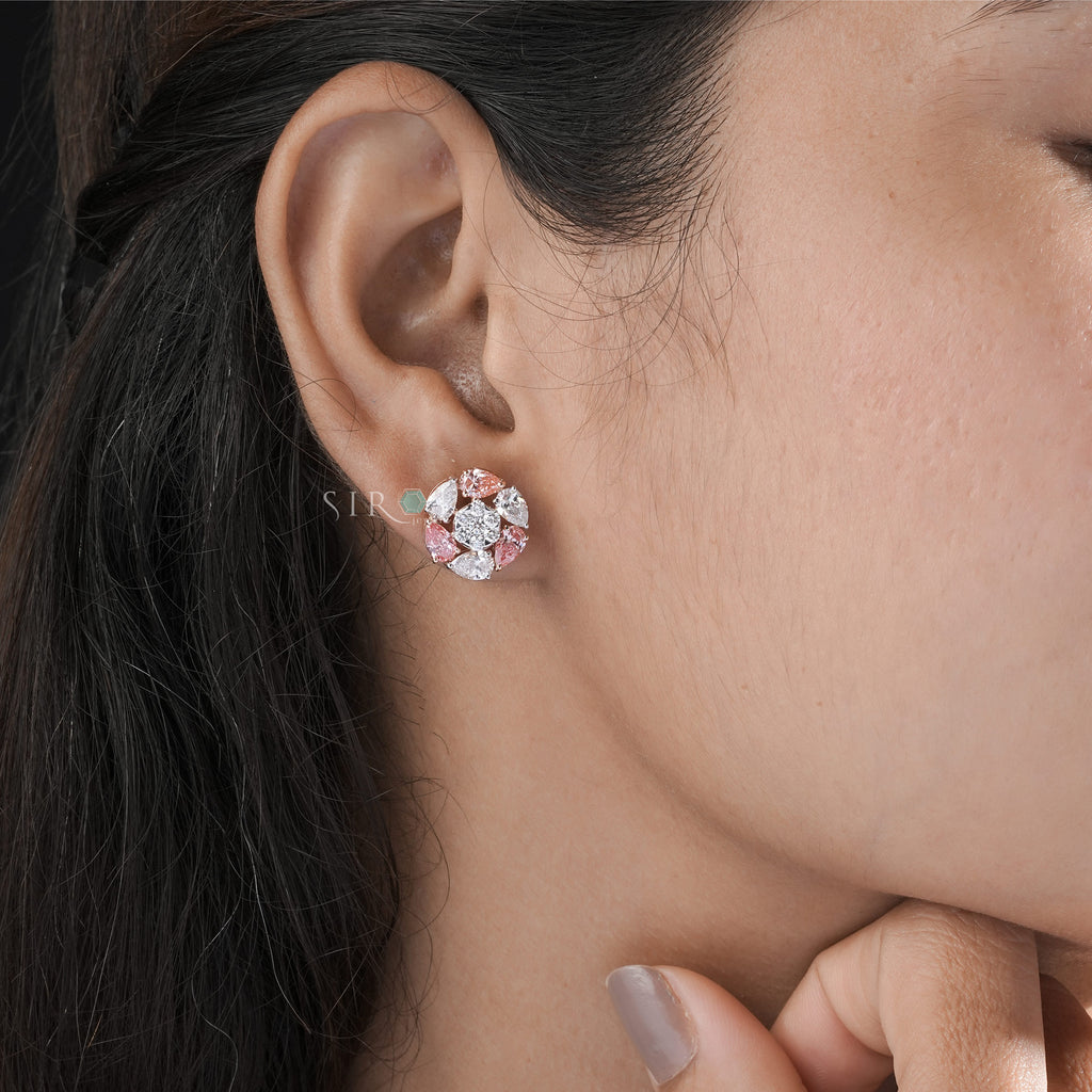 Fancy Pink & White Diamond Floral Cluster Studs.