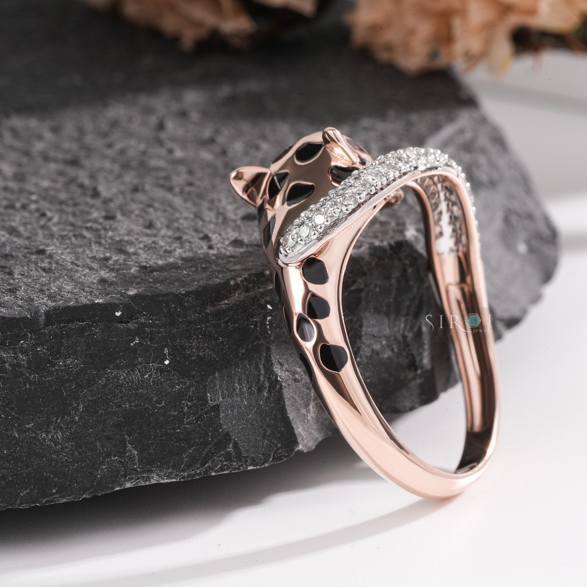 Rose Gold & Black Enamel Leopard/Panther Ring with Pave Diamond Band