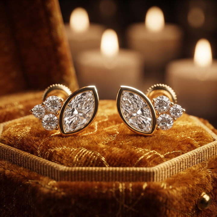 Marquise Round Diamond Cluster Stud Earrings – Geometric 10K/14K/18K Gold Silver