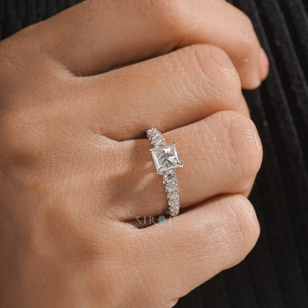 Princess-Cut Diamond Engagement Ring with Pave-Set Band