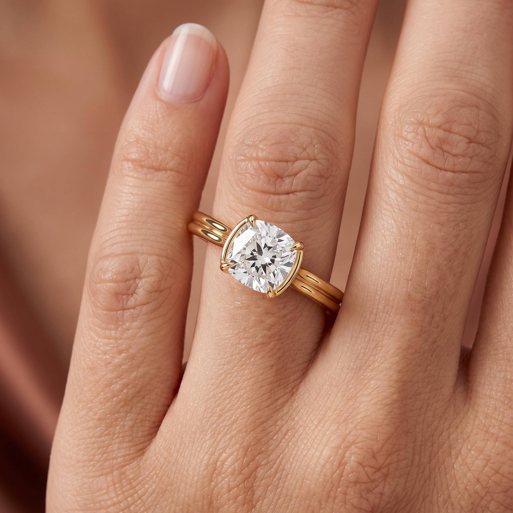 Cushion Cut Lab Diamond Engagement Ring, East West Double Shank Setting