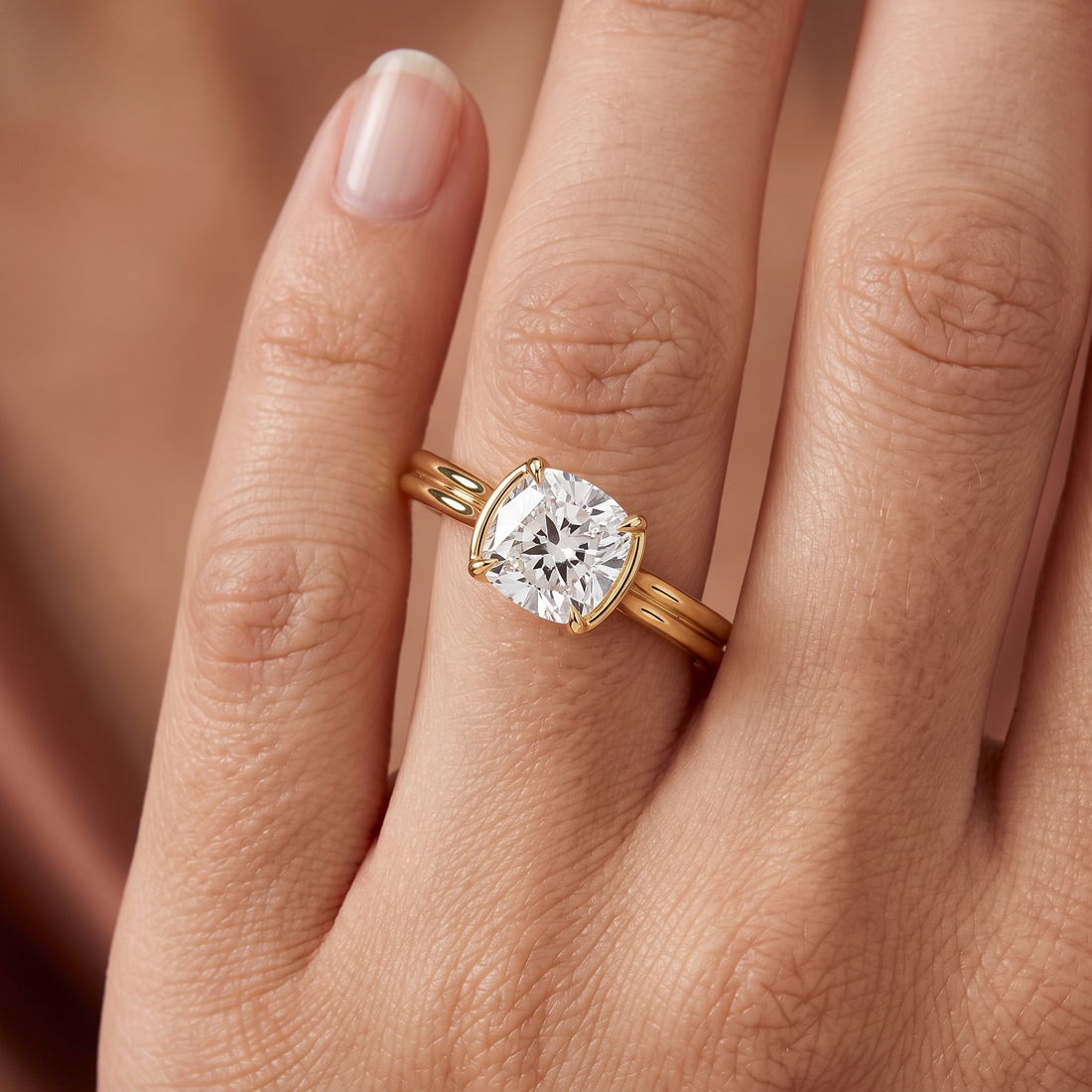 Cushion Cut Lab Diamond Engagement Ring, East West Double Shank Setting