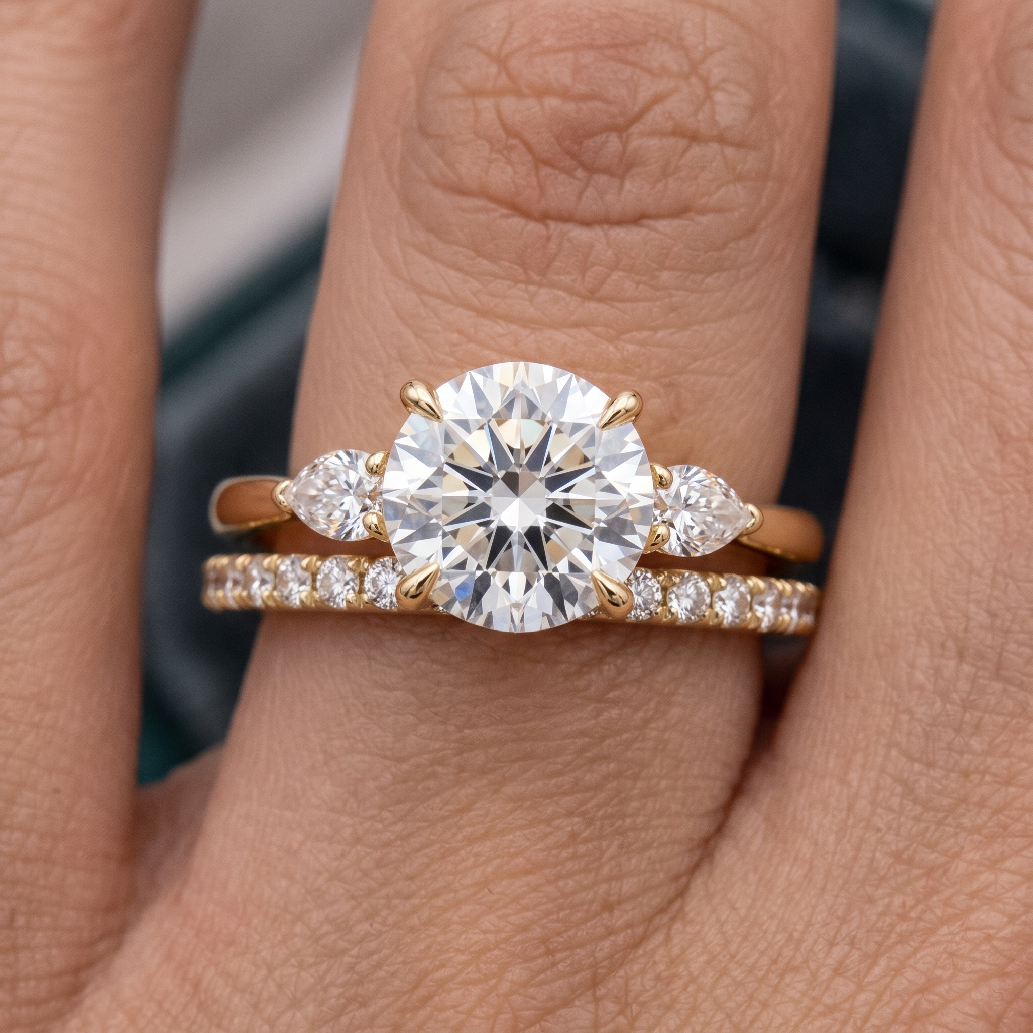 Round Cut Solitaire Engagement Ring & Matching Band Set, Yellow Gold, Milgrain Accents